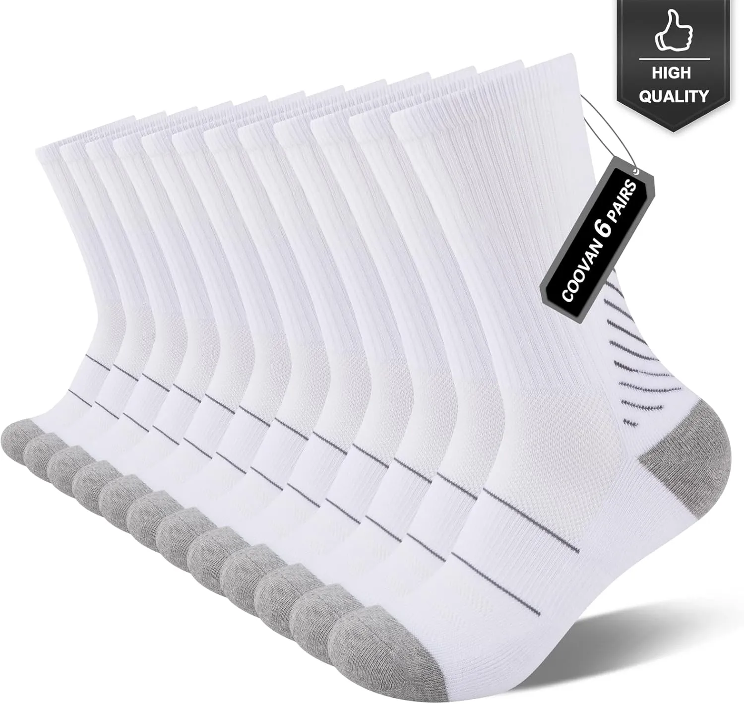 COOVAN Men's 6P-Pack Premium Athletic Crew Socks Men Thick Cushion Casual Work Sock With Moisture Wicking