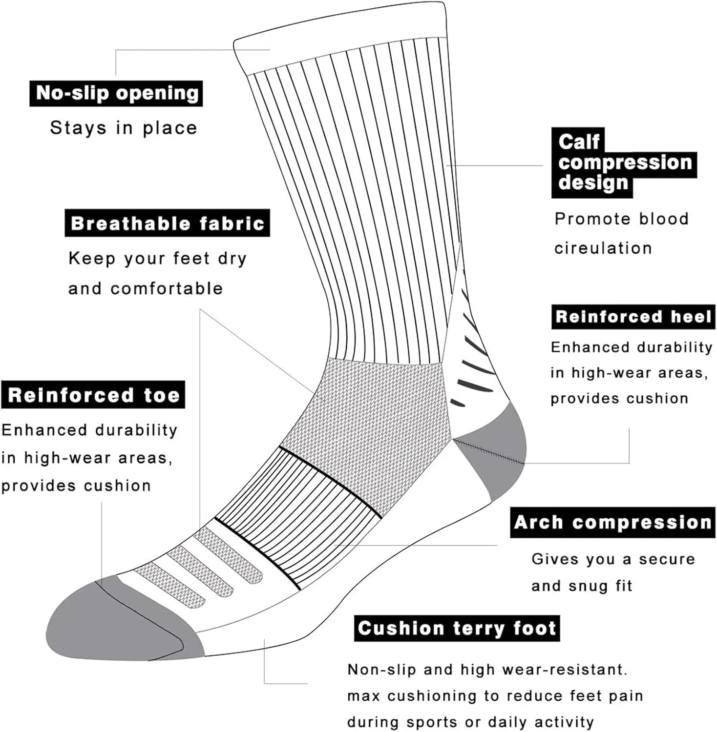 COOVAN Men's 6P-Pack Premium Athletic Crew Socks Men Thick Cushion Casual Work Sock With Moisture Wicking