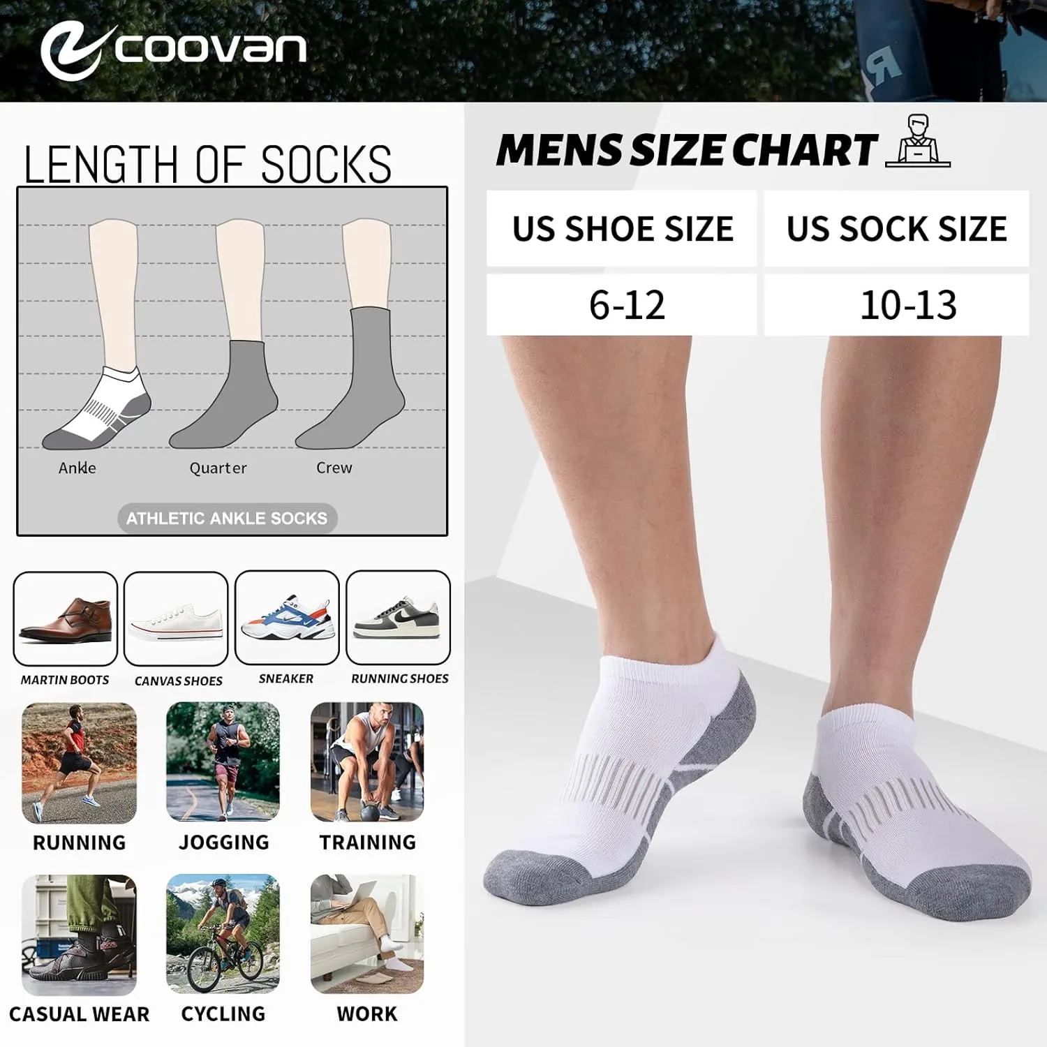 COOVAN Socks for Men Athletic Low Cut Sock with 12 Pairs,Ankle Socks Men Cushion 12 Pack Running Casual Sock