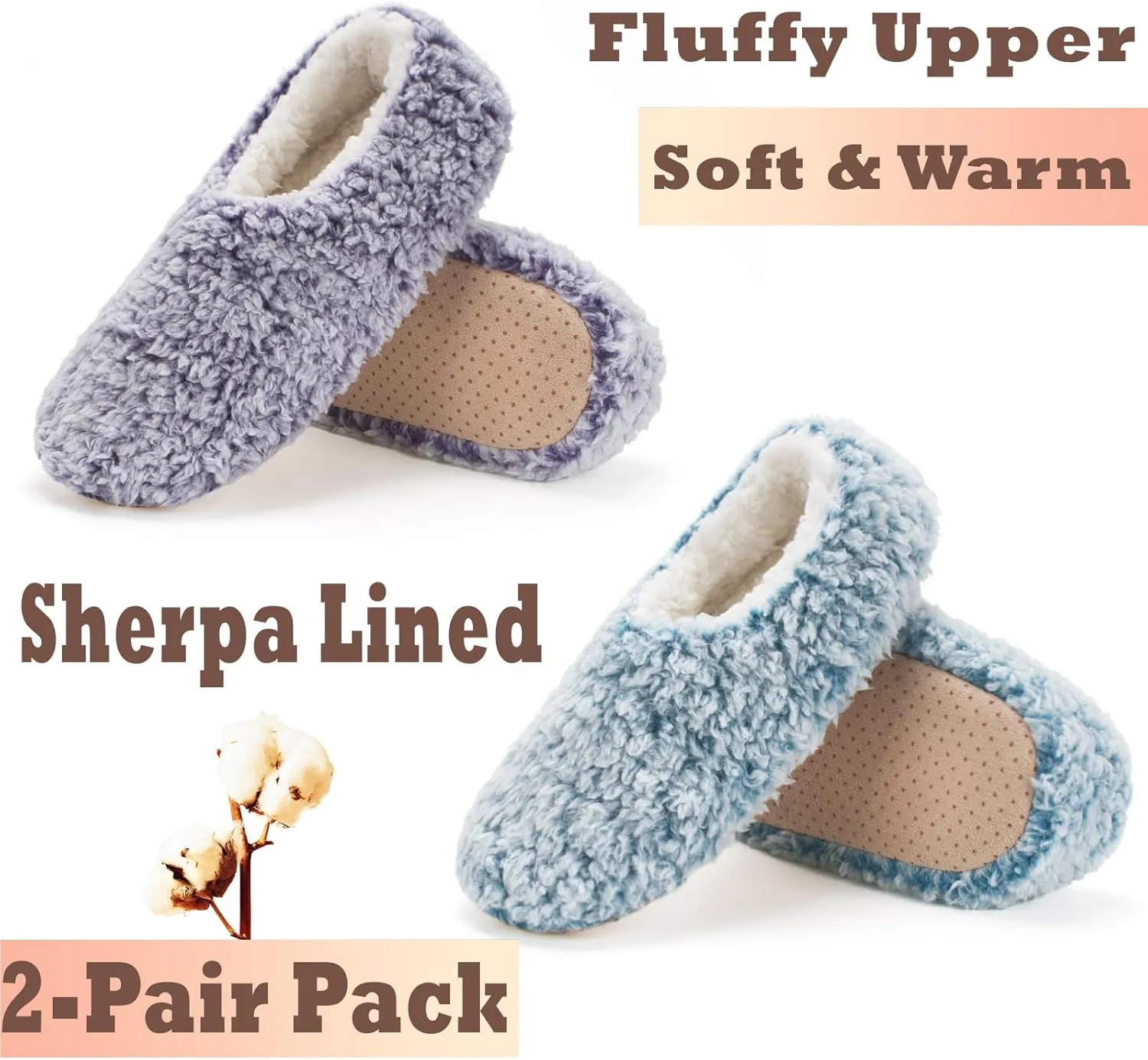 Cozylook 2-Pair Women's Soft Sole Slipper Socks with Grippers, Thick Warm Cozy Sherpa Lined Home Socks Set, Cable Knitted Non-slip Fluffy Winter House Bedroom Slippers