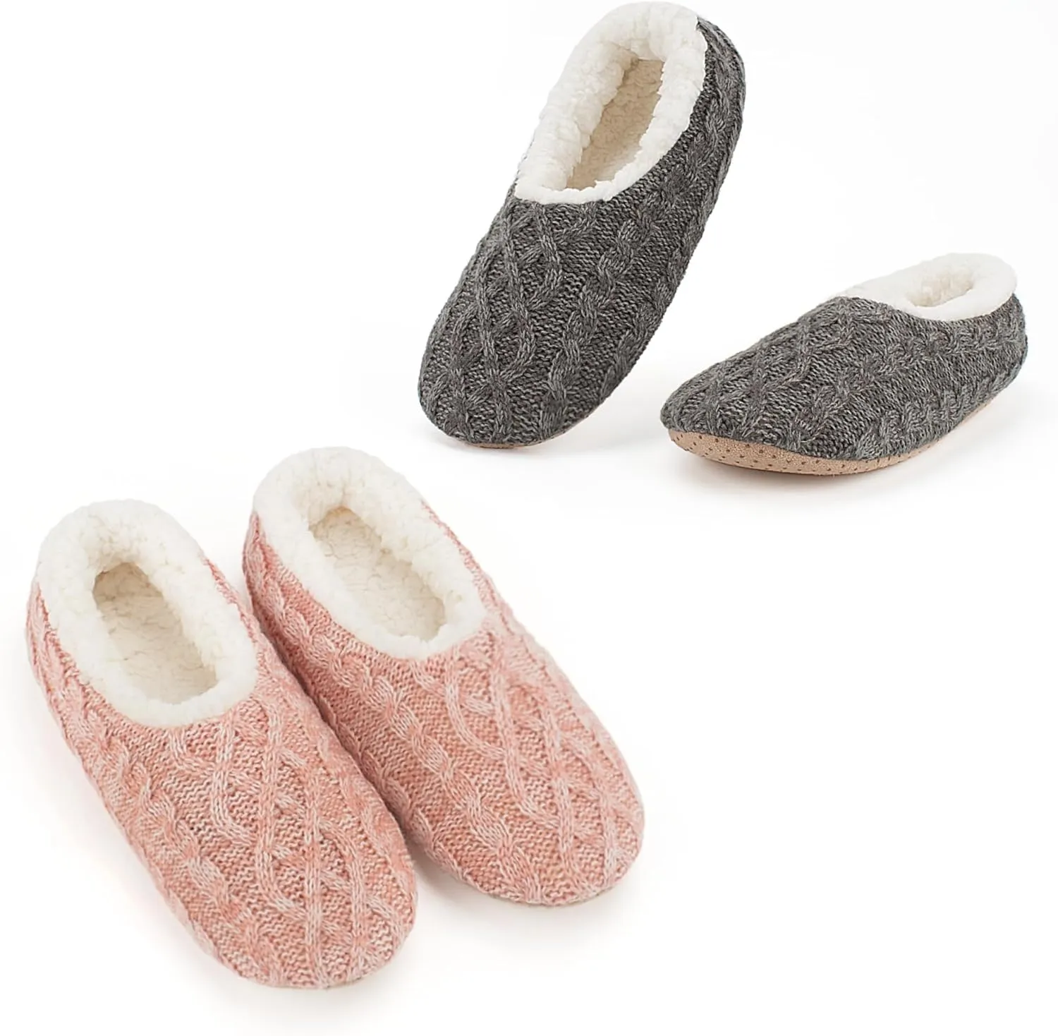 Cozylook 2-Pair Women's Soft Sole Slipper Socks with Grippers, Thick Warm Cozy Sherpa Lined Home Socks Set, Cable Knitted Non-slip Fluffy Winter House Bedroom Slippers