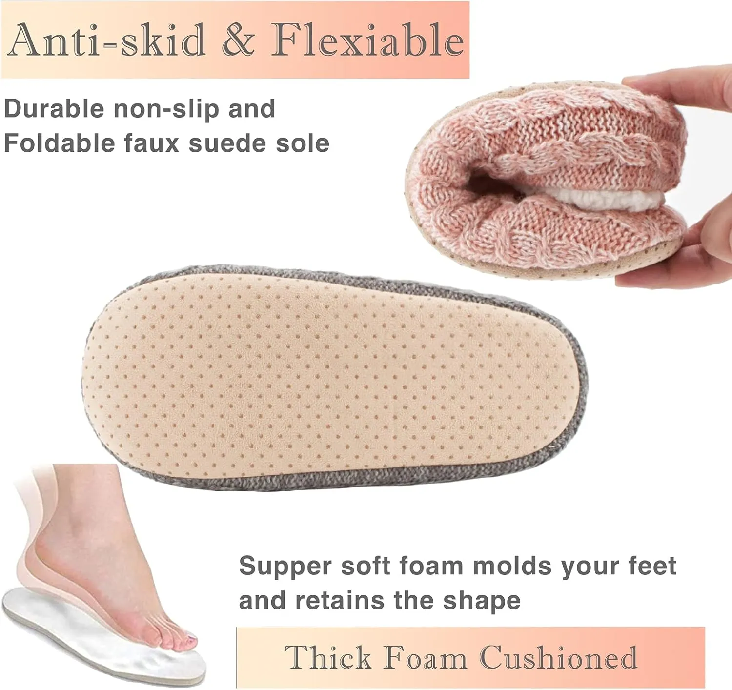 Cozylook 2-Pair Women's Soft Sole Slipper Socks with Grippers, Thick Warm Cozy Sherpa Lined Home Socks Set, Cable Knitted Non-slip Fluffy Winter House Bedroom Slippers