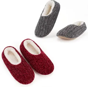 Cozylook 2-Pair Women's Soft Sole Slipper Socks with Grippers, Thick Warm Cozy Sherpa Lined Home Socks Set, Cable Knitted Non-slip Fluffy Winter House Bedroom Slippers