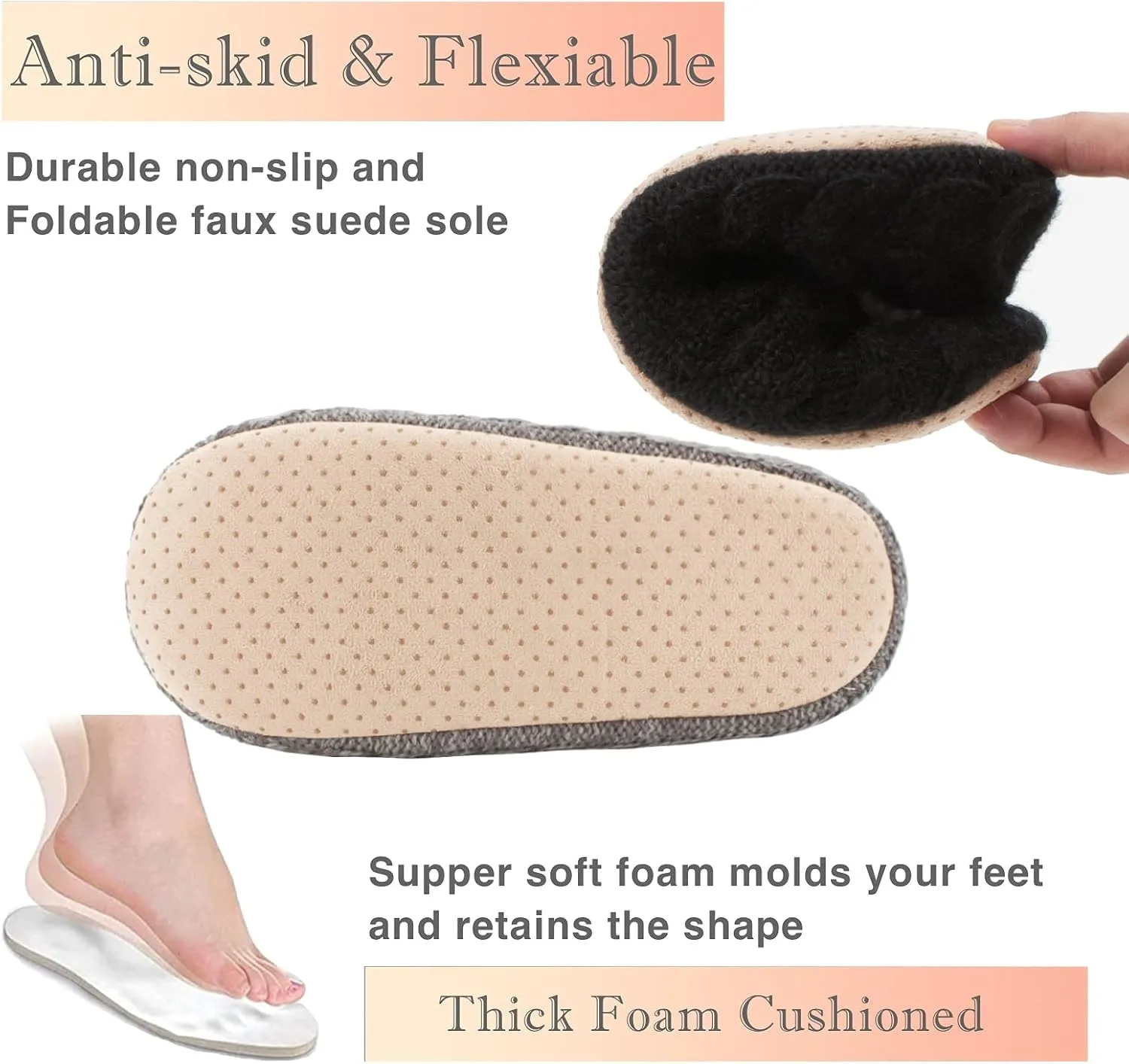 Cozylook 2-Pair Women's Soft Sole Slipper Socks with Grippers, Thick Warm Cozy Sherpa Lined Home Socks Set, Cable Knitted Non-slip Fluffy Winter House Bedroom Slippers