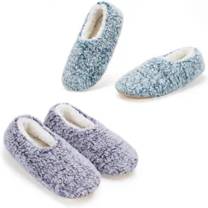 Cozylook 2-Pair Women's Soft Sole Slipper Socks with Grippers, Thick Warm Cozy Sherpa Lined Home Socks Set, Cable Knitted Non-slip Fluffy Winter House Bedroom Slippers