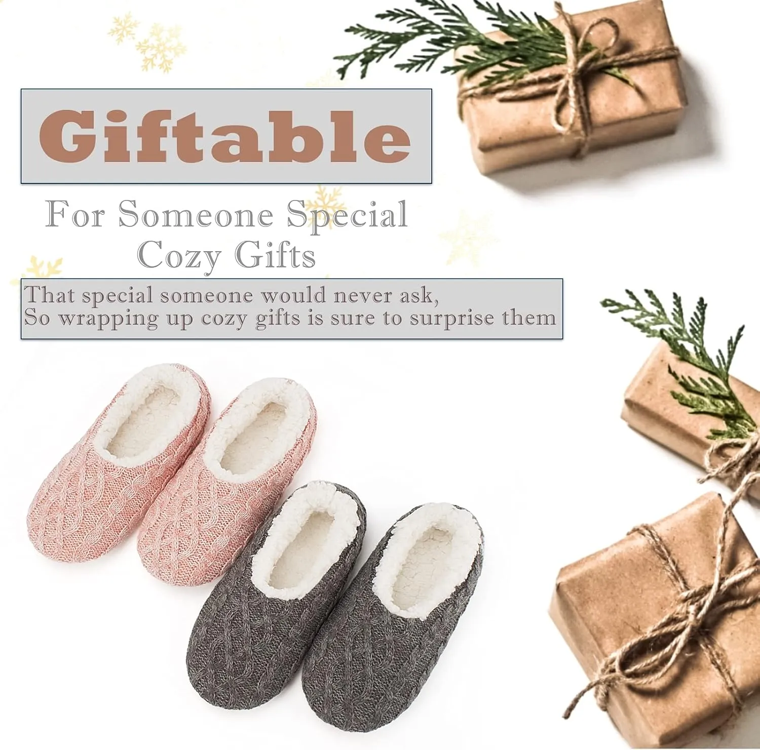Cozylook 2-Pair Women's Soft Sole Slipper Socks with Grippers, Thick Warm Cozy Sherpa Lined Home Socks Set, Cable Knitted Non-slip Fluffy Winter House Bedroom Slippers