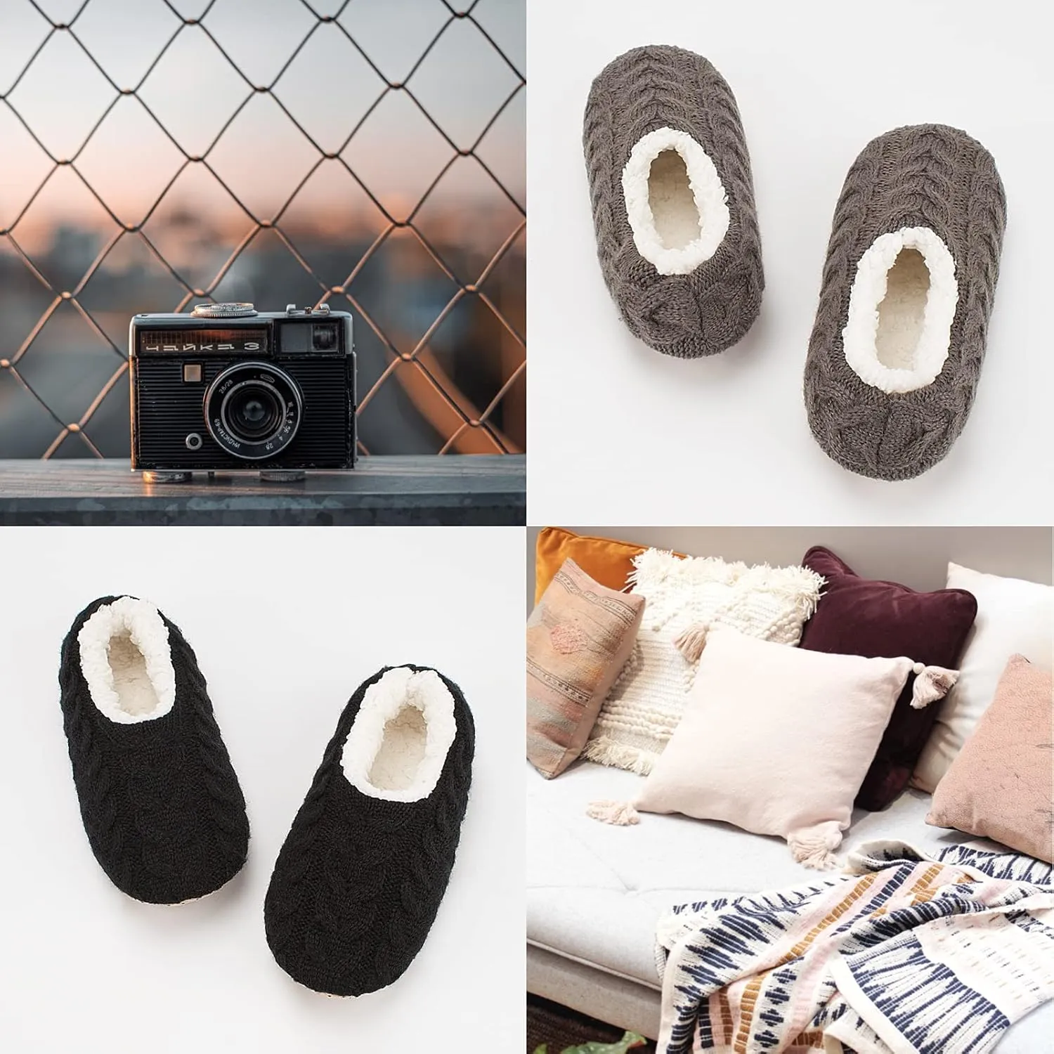 Cozylook 2-Pair Women's Soft Sole Slipper Socks with Grippers, Thick Warm Cozy Sherpa Lined Home Socks Set, Cable Knitted Non-slip Fluffy Winter House Bedroom Slippers