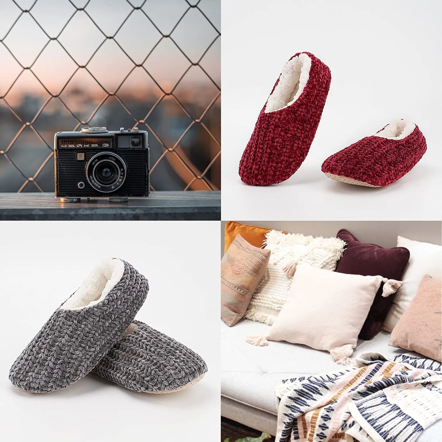 Cozylook 2-Pair Women's Soft Sole Slipper Socks with Grippers, Thick Warm Cozy Sherpa Lined Home Socks Set, Cable Knitted Non-slip Fluffy Winter House Bedroom Slippers