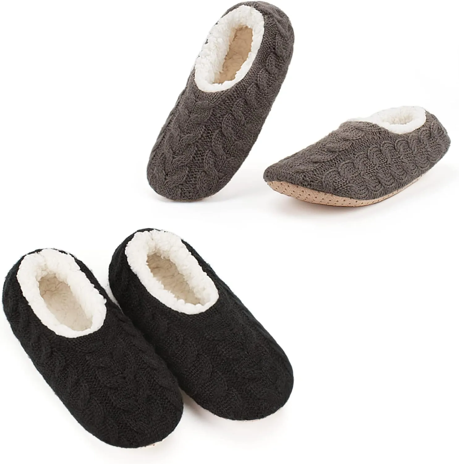 Cozylook 2-Pair Women's Soft Sole Slipper Socks with Grippers, Thick Warm Cozy Sherpa Lined Home Socks Set, Cable Knitted Non-slip Fluffy Winter House Bedroom Slippers