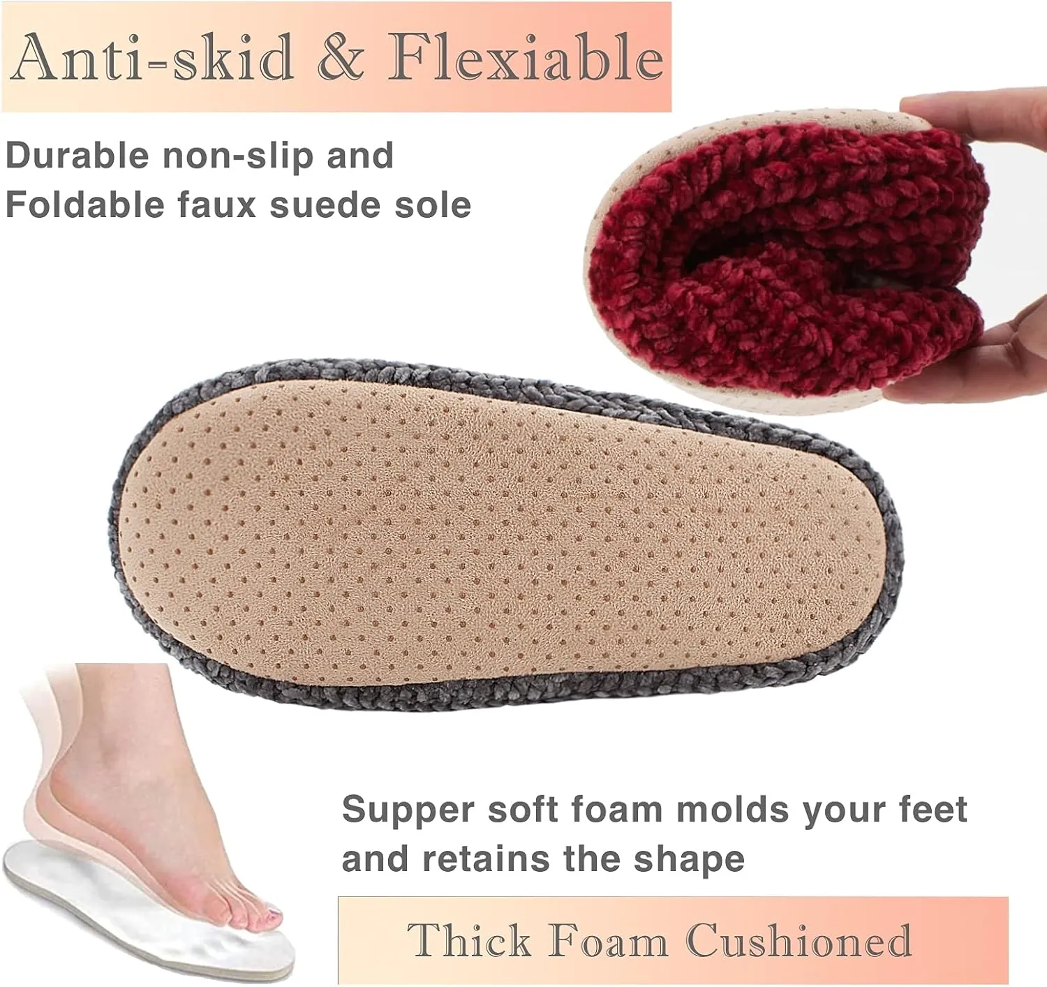 Cozylook 2-Pair Women's Soft Sole Slipper Socks with Grippers, Thick Warm Cozy Sherpa Lined Home Socks Set, Cable Knitted Non-slip Fluffy Winter House Bedroom Slippers