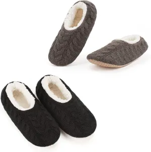 Cozylook 2-Pair Women's Soft Sole Slipper Socks with Grippers, Thick Warm Cozy Sherpa Lined Home Socks Set, Cable Knitted Non-slip Fluffy Winter House Bedroom Slippers