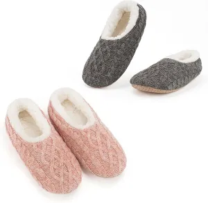 Cozylook 2-Pair Women's Soft Sole Slipper Socks with Grippers, Thick Warm Cozy Sherpa Lined Home Socks Set, Cable Knitted Non-slip Fluffy Winter House Bedroom Slippers