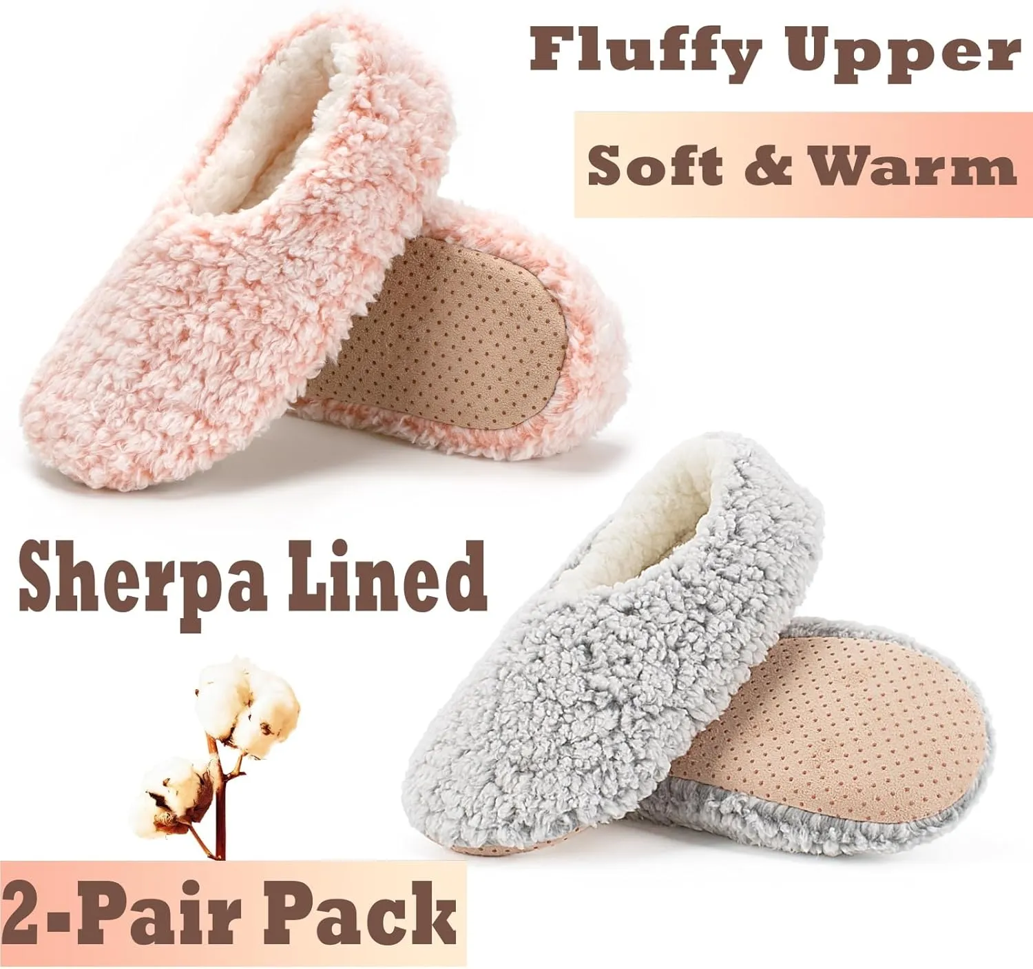 Cozylook 2-Pair Women's Soft Sole Slipper Socks with Grippers, Thick Warm Cozy Sherpa Lined Home Socks Set, Cable Knitted Non-slip Fluffy Winter House Bedroom Slippers