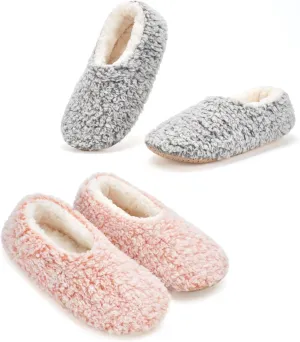 Cozylook 2-Pair Women's Soft Sole Slipper Socks with Grippers, Thick Warm Cozy Sherpa Lined Home Socks Set, Cable Knitted Non-slip Fluffy Winter House Bedroom Slippers