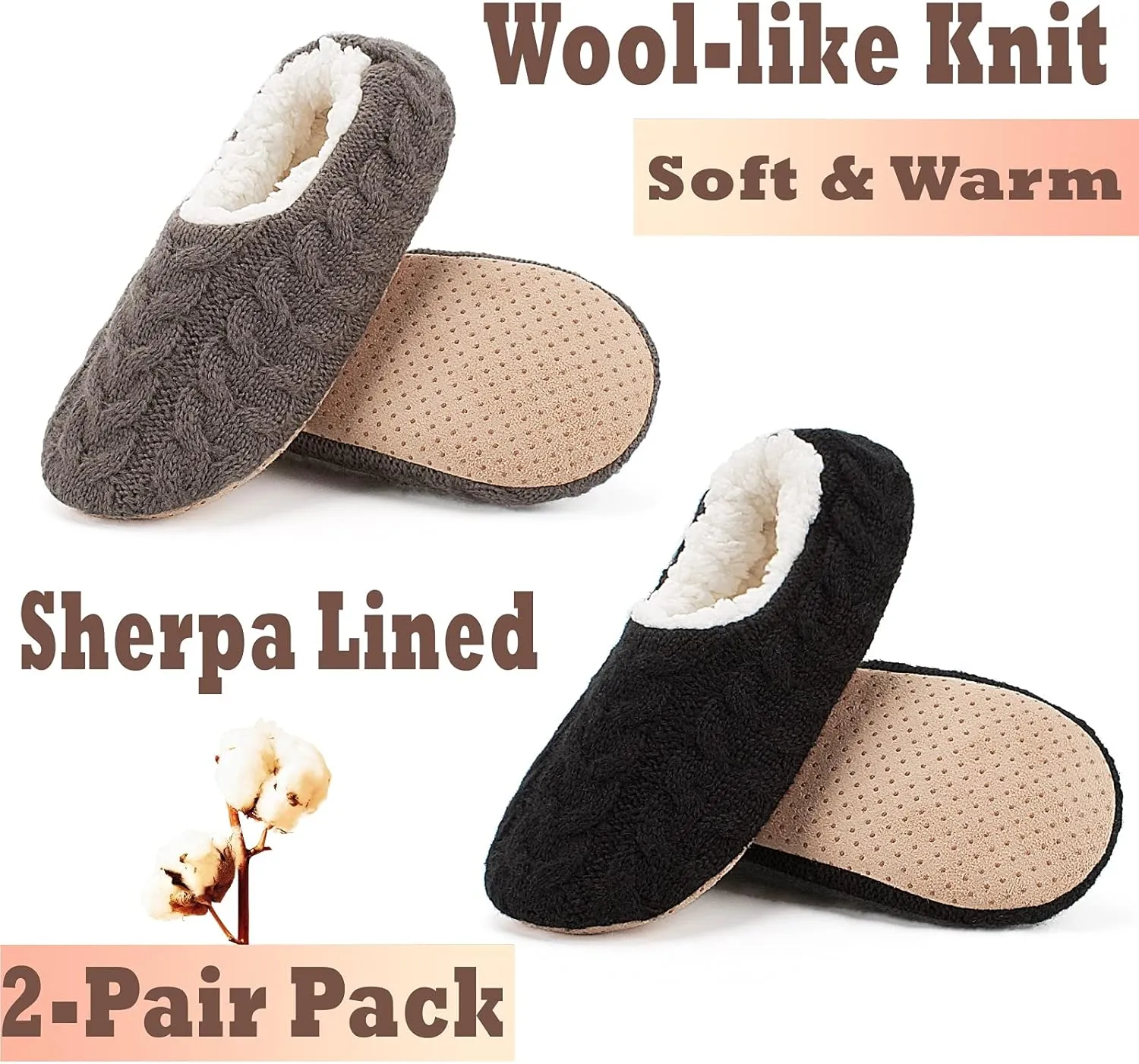 Cozylook 2-Pair Women's Soft Sole Slipper Socks with Grippers, Thick Warm Cozy Sherpa Lined Home Socks Set, Cable Knitted Non-slip Fluffy Winter House Bedroom Slippers