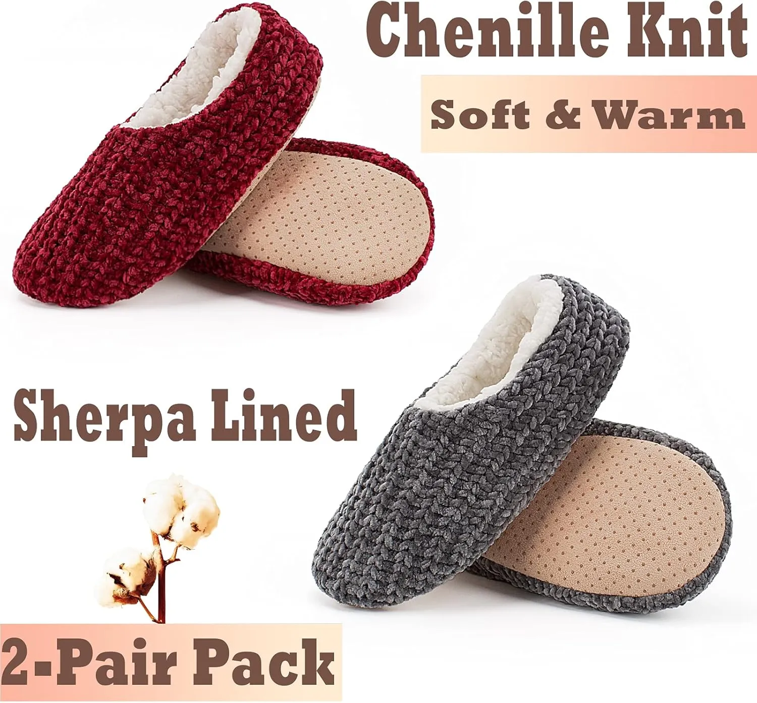 Cozylook 2-Pair Women's Soft Sole Slipper Socks with Grippers, Thick Warm Cozy Sherpa Lined Home Socks Set, Cable Knitted Non-slip Fluffy Winter House Bedroom Slippers