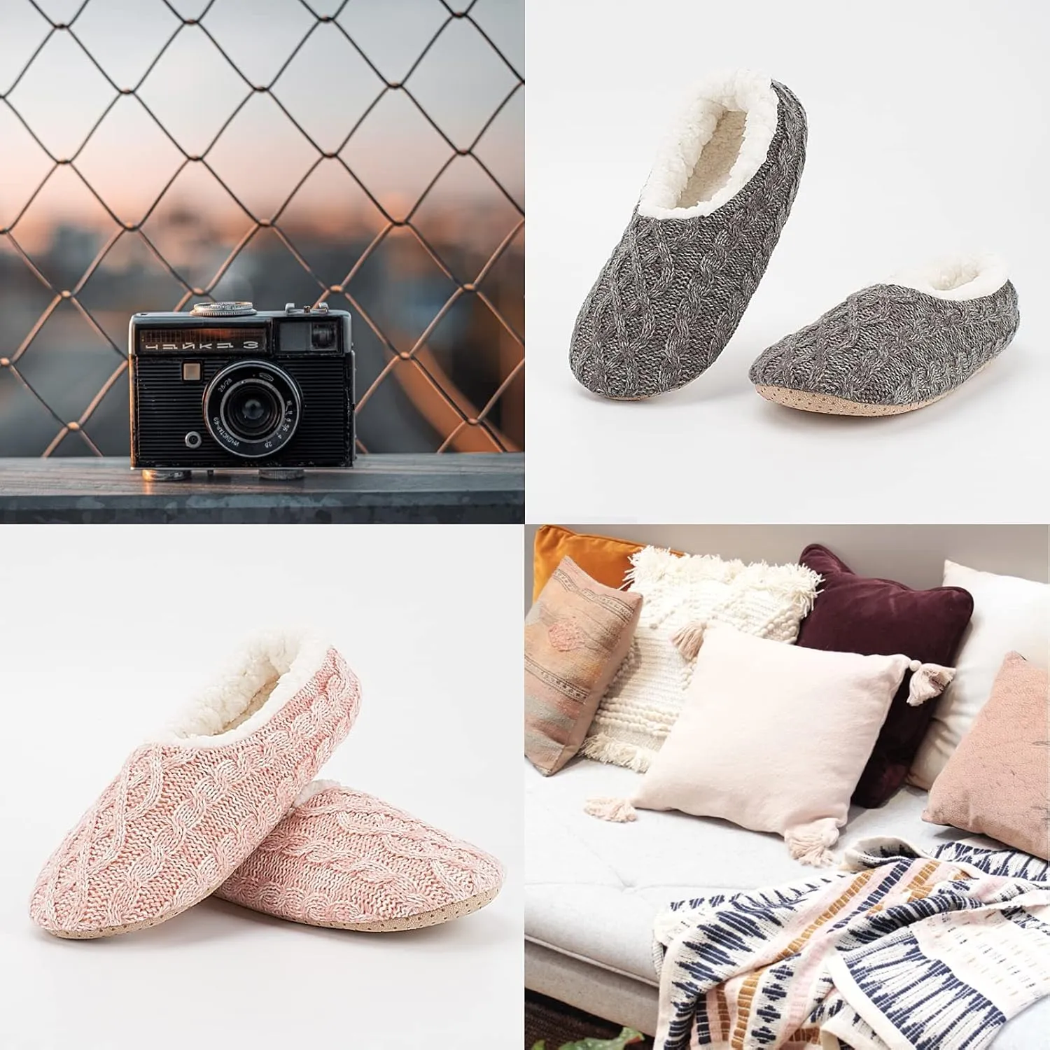 Cozylook 2-Pair Women's Soft Sole Slipper Socks with Grippers, Thick Warm Cozy Sherpa Lined Home Socks Set, Cable Knitted Non-slip Fluffy Winter House Bedroom Slippers
