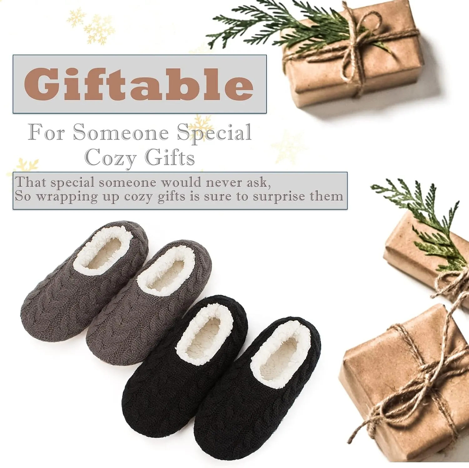 Cozylook 2-Pair Women's Soft Sole Slipper Socks with Grippers, Thick Warm Cozy Sherpa Lined Home Socks Set, Cable Knitted Non-slip Fluffy Winter House Bedroom Slippers