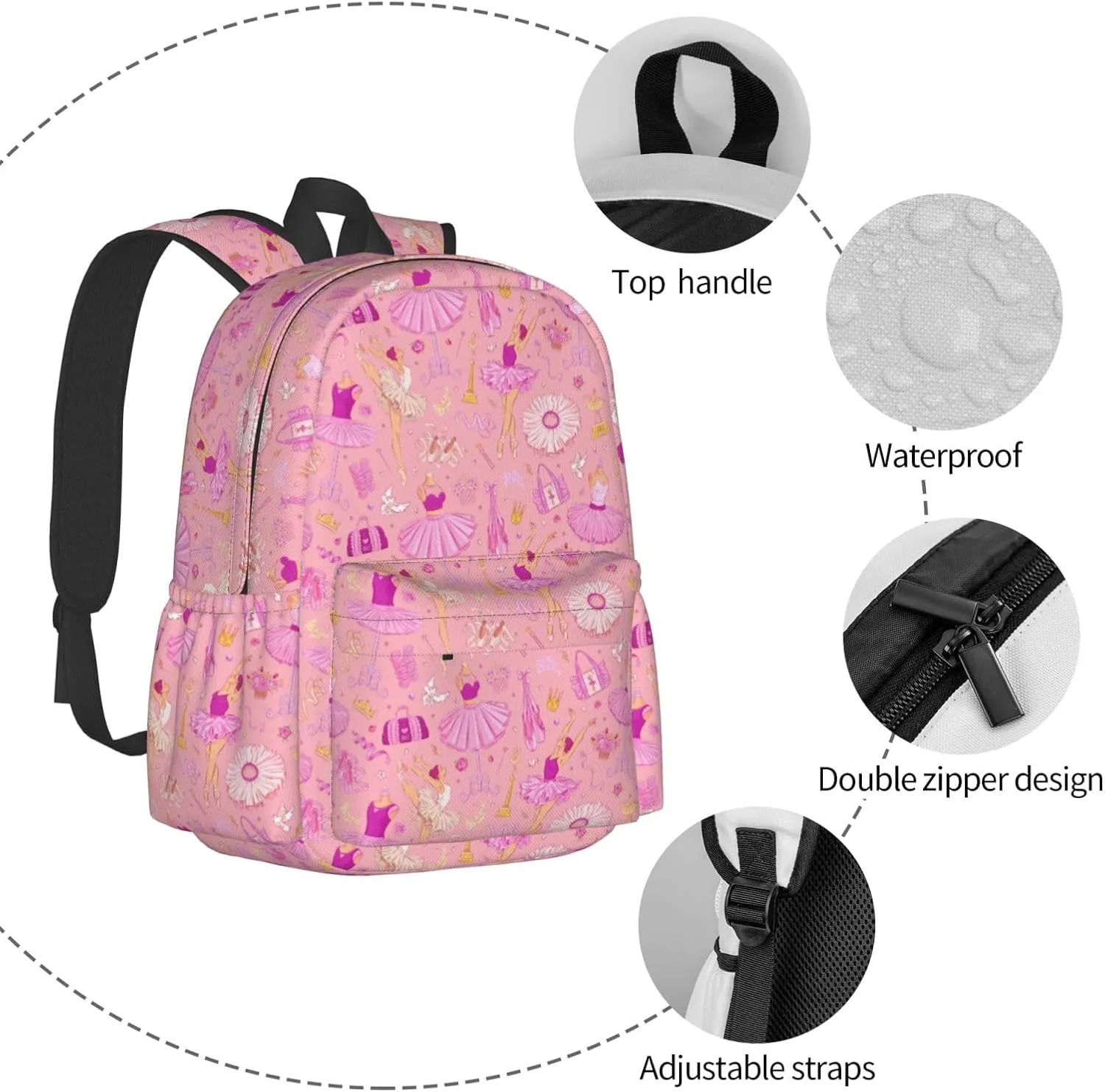 Dance Pink Ballerina Backpack School Bag Lightweight Bookbag Casual Daypack for Girls Boys Kids Women Men Travel Laptop 16 Inch