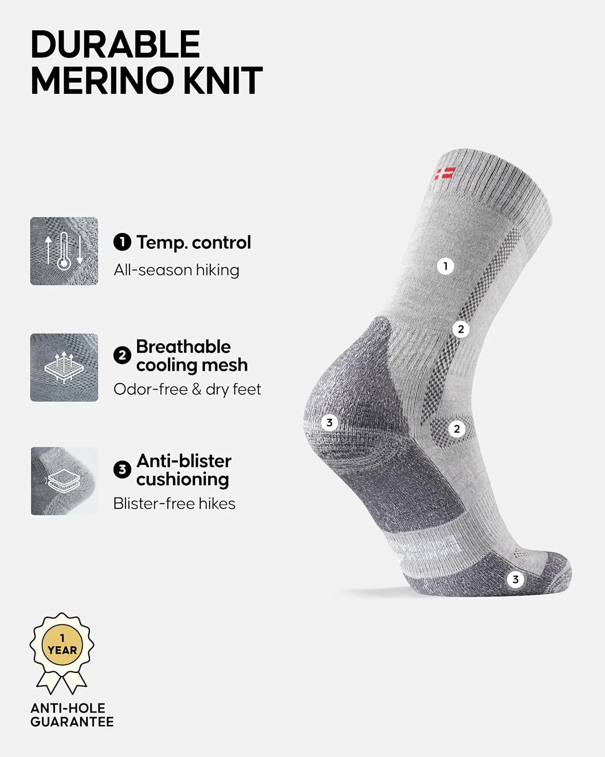 DANISH ENDURANCE Hiking Socks, Merino Wool Socks, Anti Blister, Cushioned, Breathable, Men & Women, 3-Pack