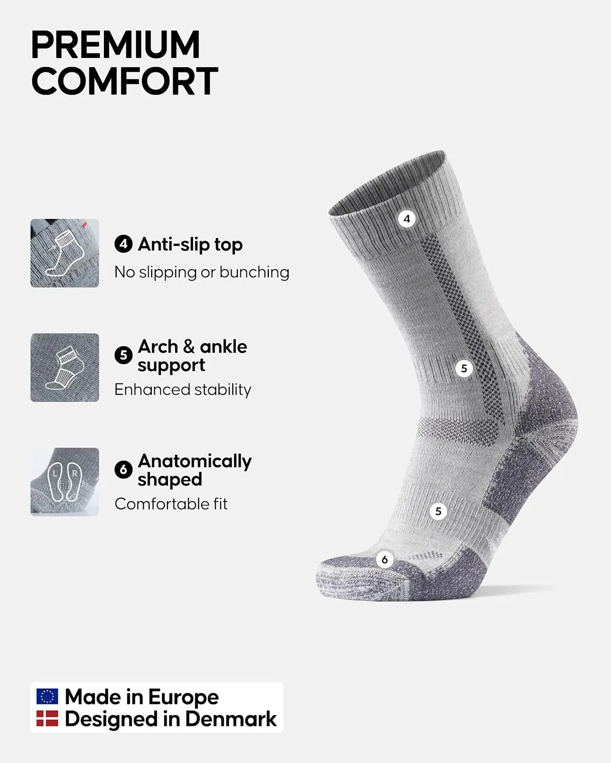 DANISH ENDURANCE Hiking Socks, Merino Wool Socks, Anti Blister, Cushioned, Breathable, Men & Women, 3-Pack