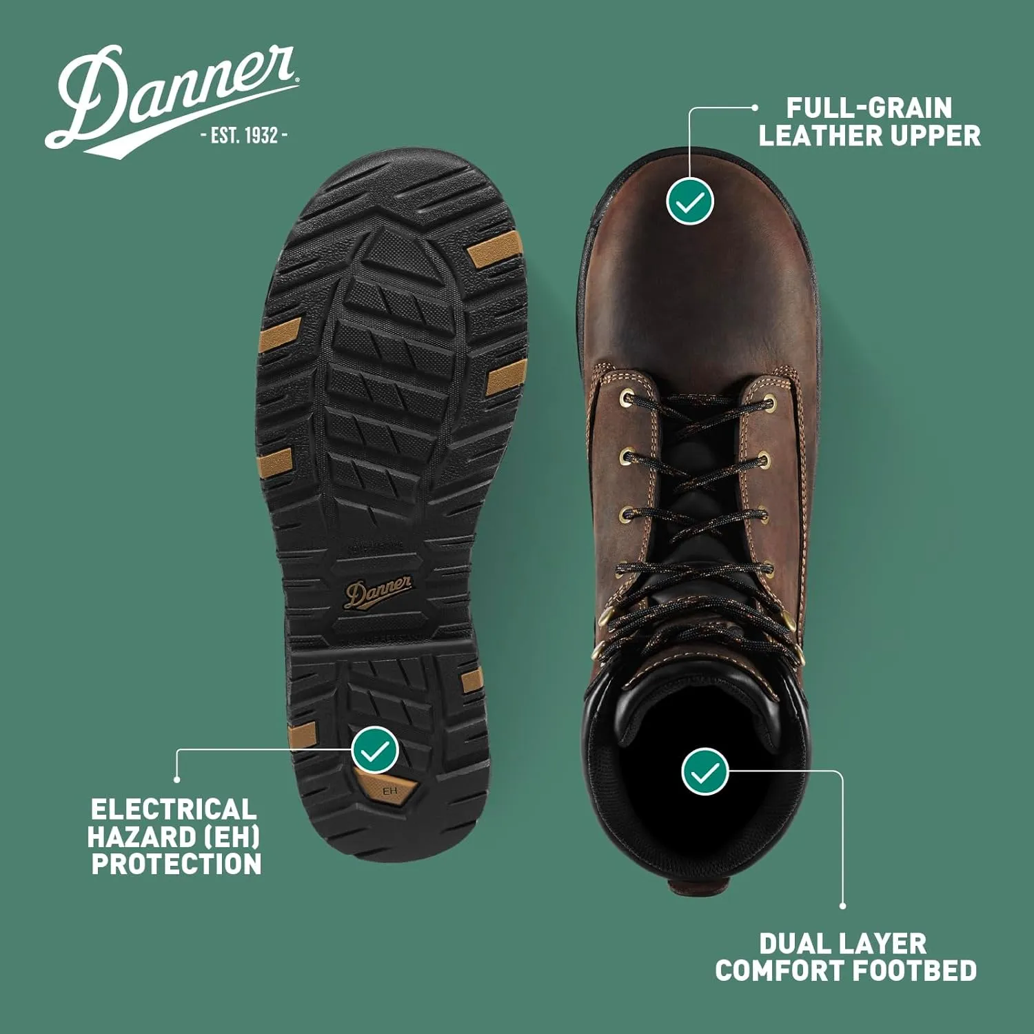 Danner Caliper 6" Waterproof Work Boots for Men - Full-Grain Leather with Breathable Dry Lining, Memory Foam Footbed & Non Slip Heel Outsole