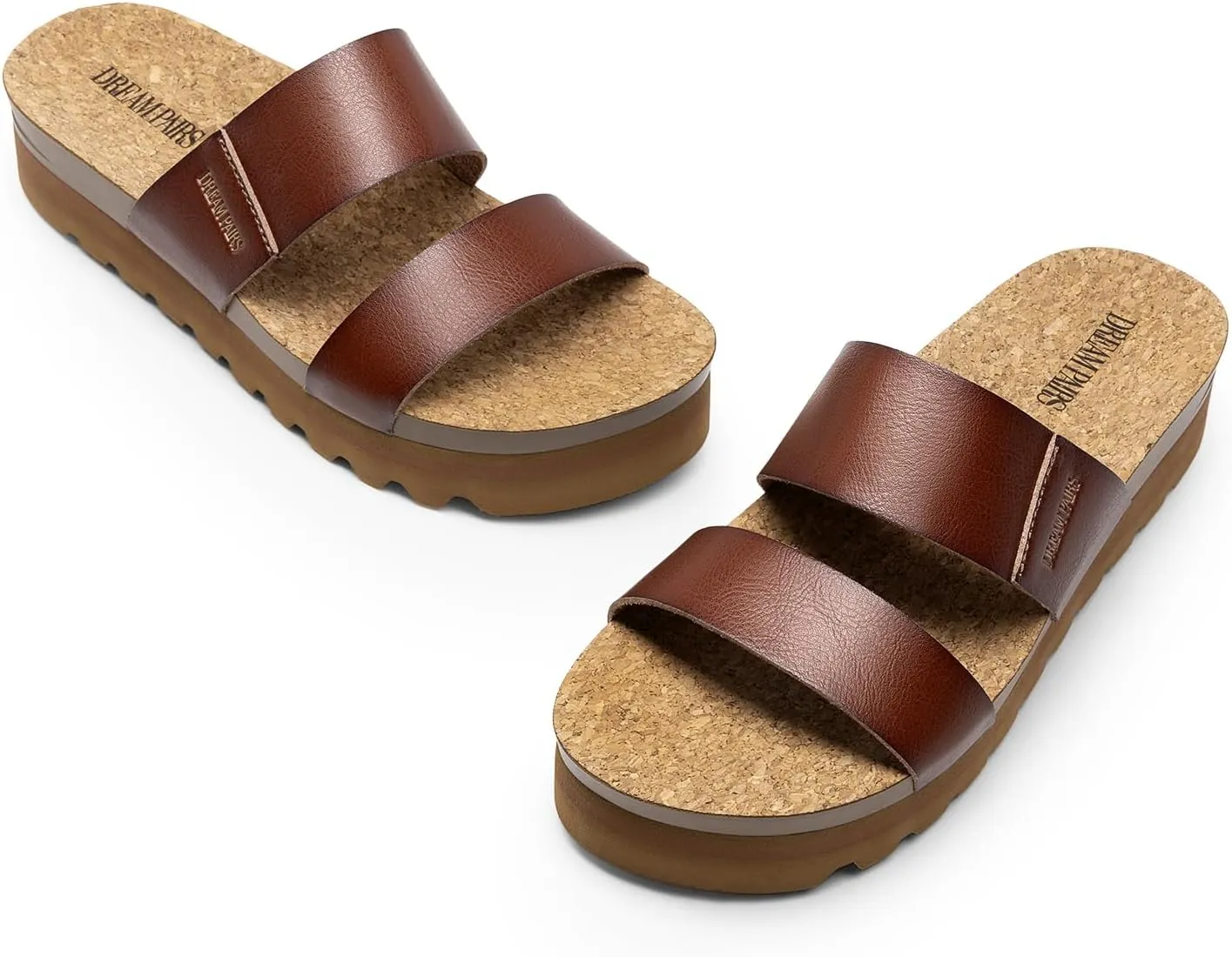 DREAM PAIRS Women's Platform Wedge Sandals with Arch Support, Comfortable Beach Slip-on Flat Sandals, Casual 2-Strap Cork Cushion Slides for Women