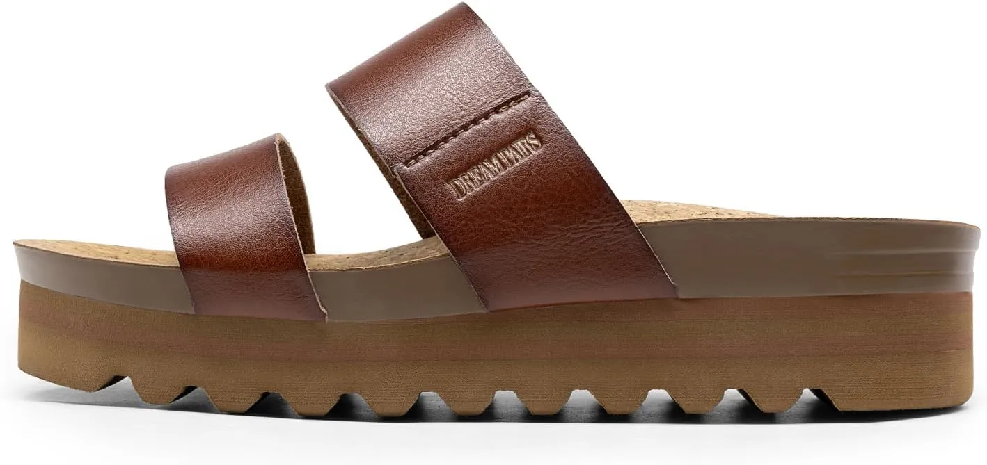DREAM PAIRS Women's Platform Wedge Sandals with Arch Support, Comfortable Beach Slip-on Flat Sandals, Casual 2-Strap Cork Cushion Slides for Women