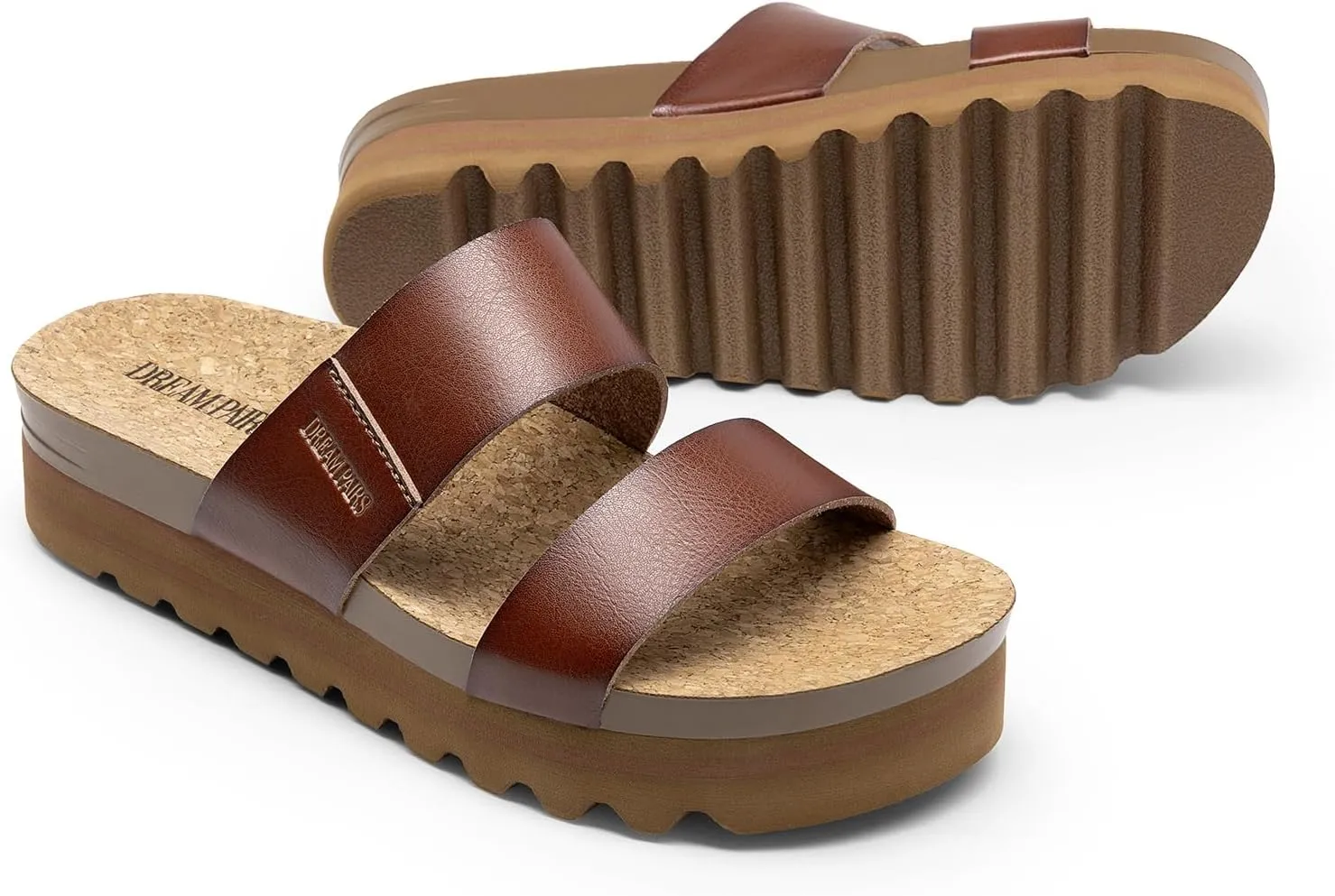 DREAM PAIRS Women's Platform Wedge Sandals with Arch Support, Comfortable Beach Slip-on Flat Sandals, Casual 2-Strap Cork Cushion Slides for Women
