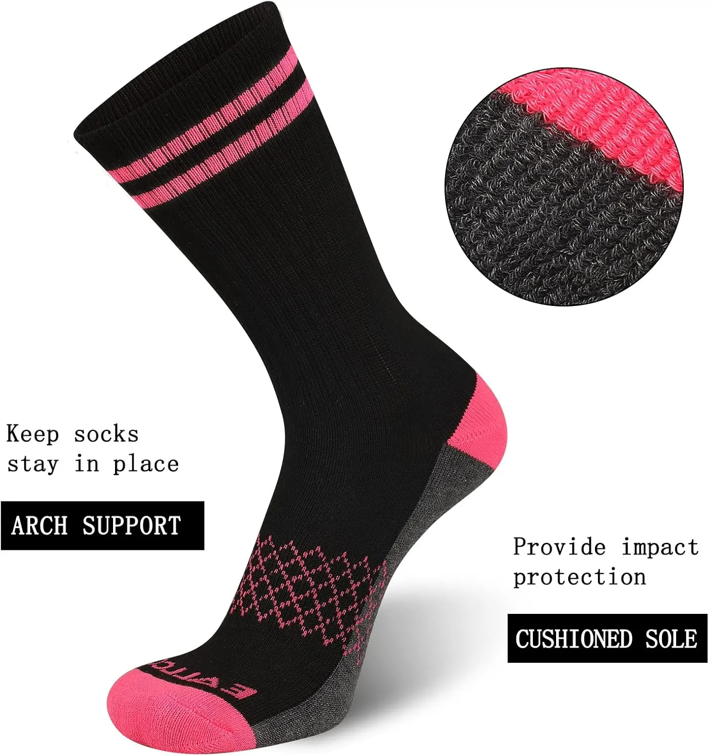 eallco Womens Crew Socks Athletic Calf Work Socks Running Long Cushioned Sole Socks 6 Pairs
