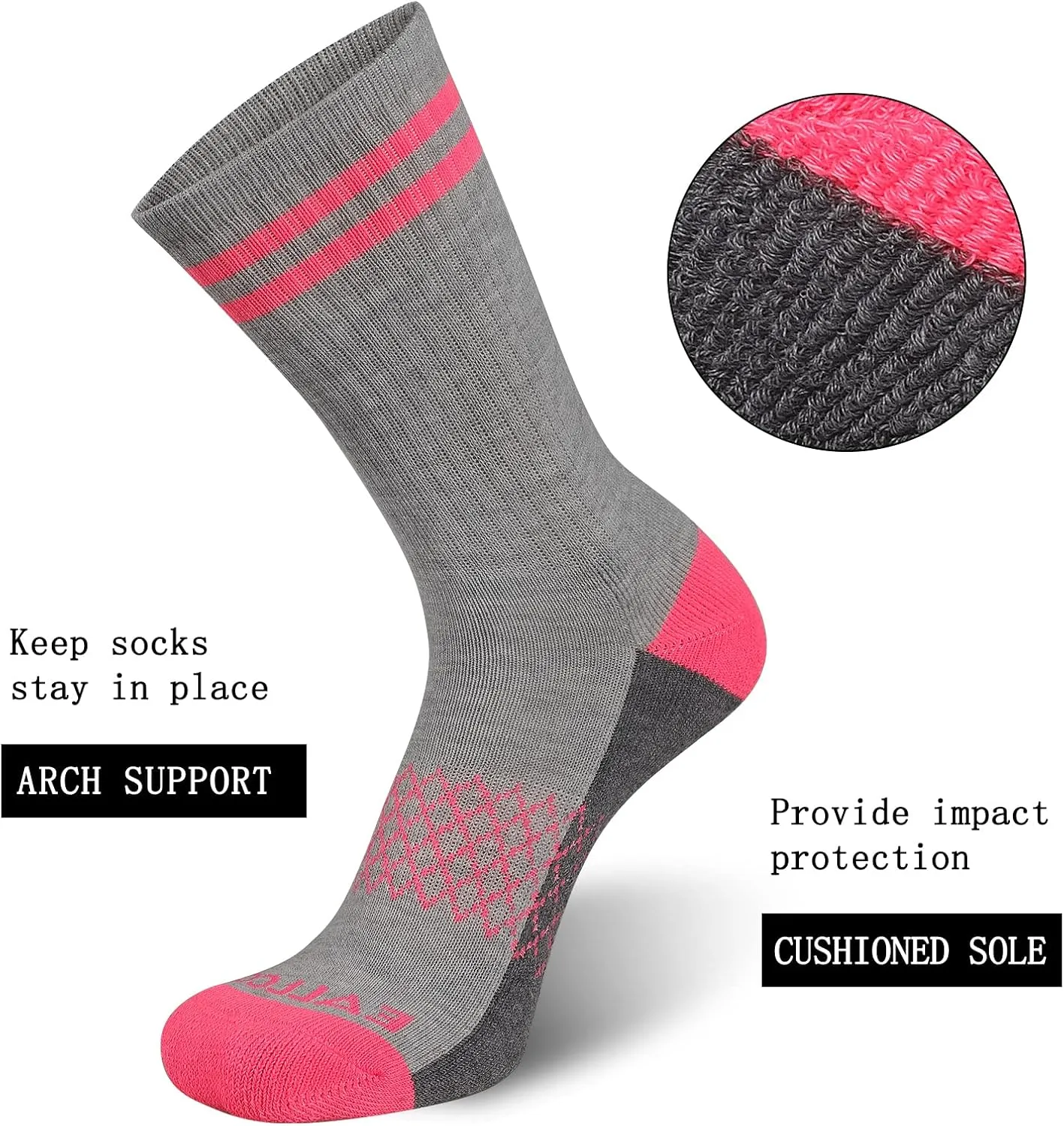 eallco Womens Crew Socks Athletic Calf Work Socks Running Long Cushioned Sole Socks 6 Pairs