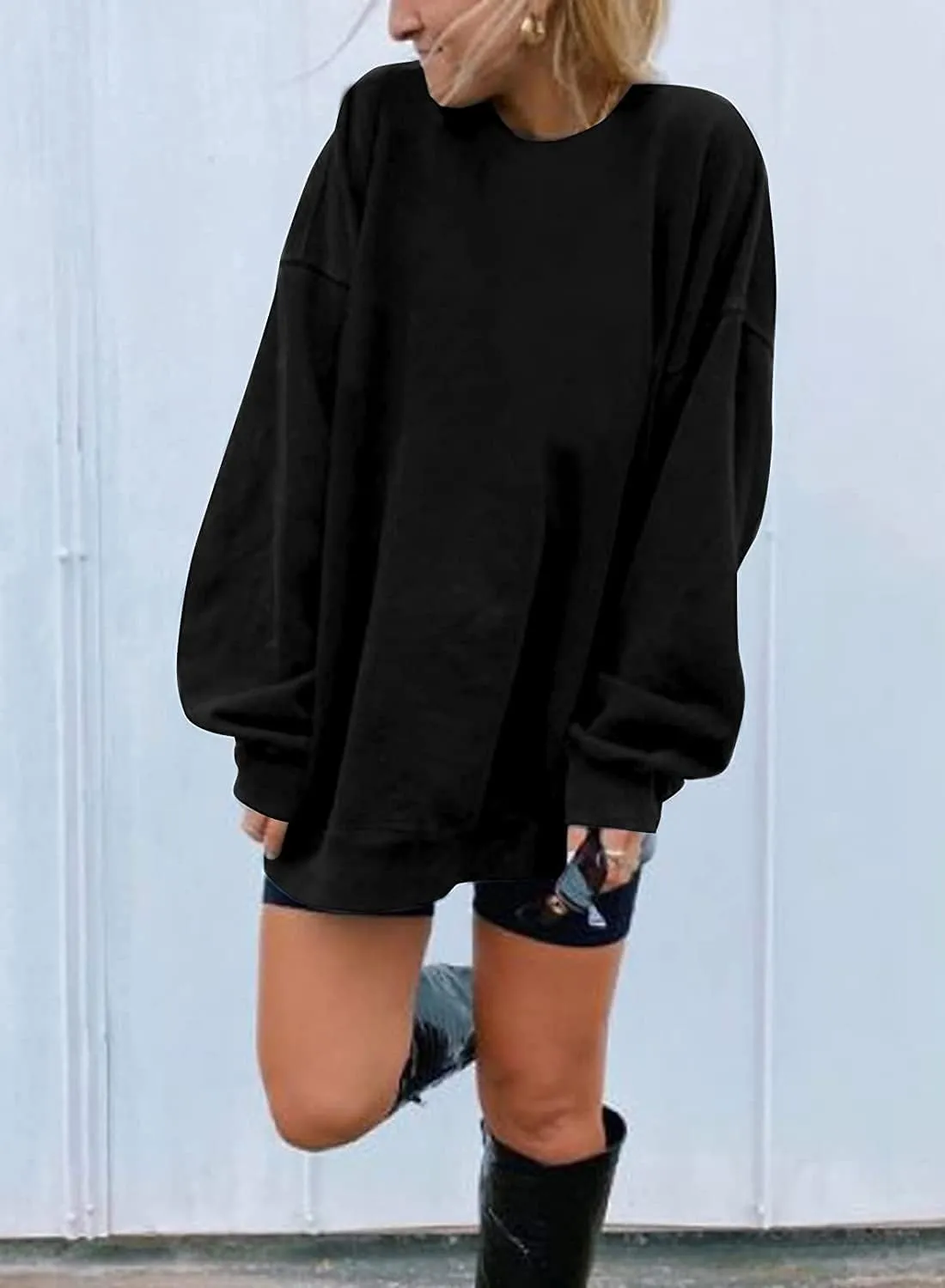 Ebifin Women's Oversized Long Sleeve Sweatshirts Pure Color Round Neck Casual Pullover Shirt