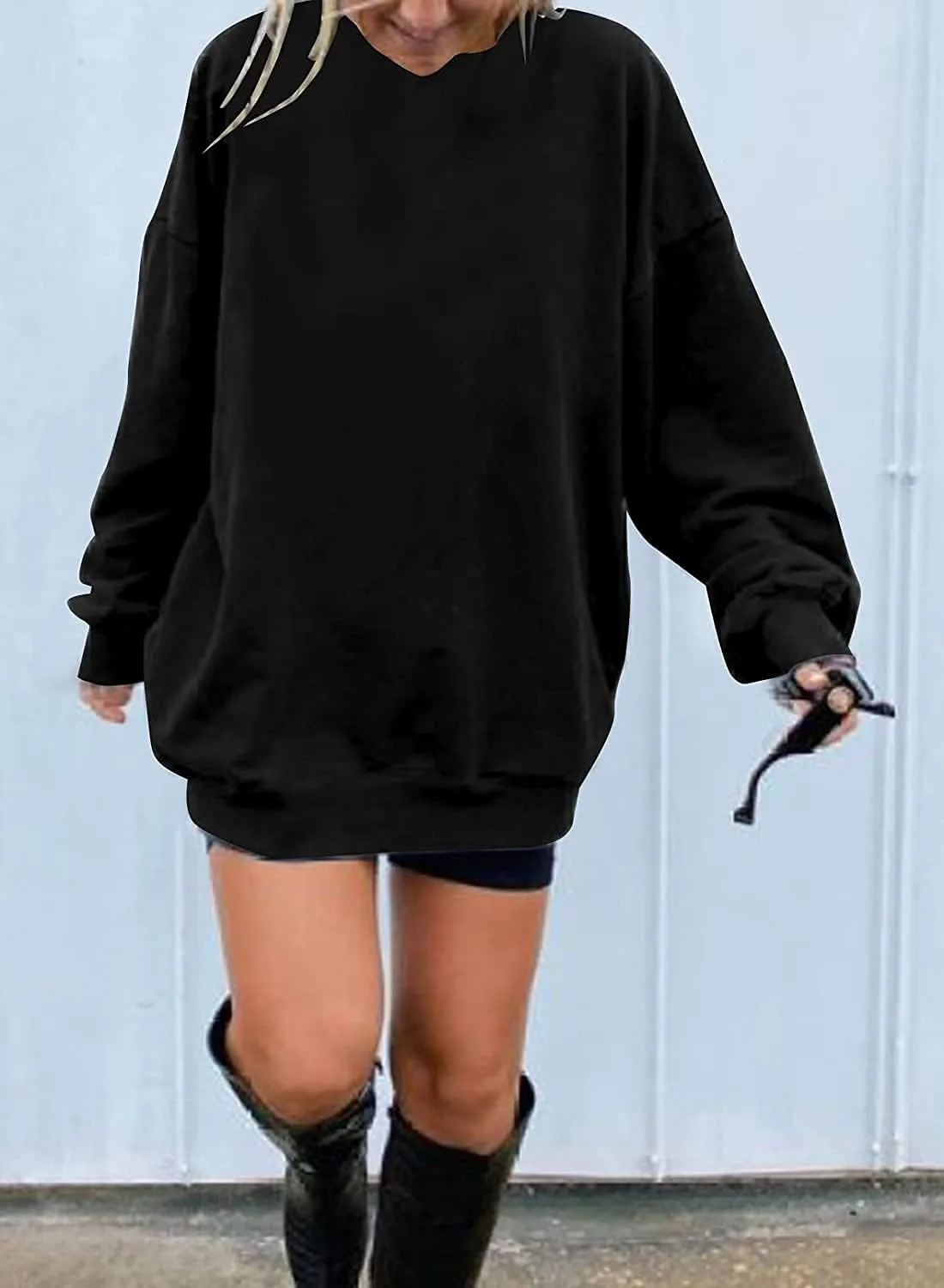 Ebifin Women's Oversized Long Sleeve Sweatshirts Pure Color Round Neck Casual Pullover Shirt