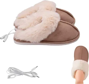 EEUK USB Heated Slippers, Washable Plush Foot Warmer, Heated Slippers Rechargeable USB Heating Slippers for Feet Fluffy Soft Warm Slipper for Cold Weather Indoor House Shoe(Color:Brown)