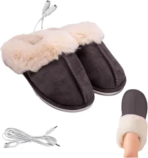 EEUK USB Heated Slippers, Washable Plush Foot Warmer, Heated Slippers Rechargeable USB Heating Slippers for Feet Fluffy Soft Warm Slipper for Cold Weather Indoor House Shoe(Color:Gray)