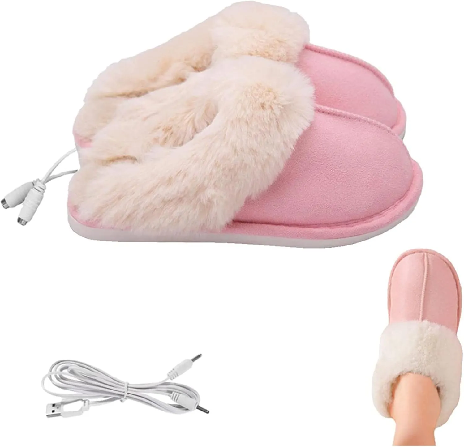 EEUK USB Heated Slippers, Washable Plush Foot Warmer, Heated Slippers Rechargeable USB Heating Slippers for Feet Fluffy Soft Warm Slipper for Cold Weather Indoor House Shoe(Color:Pink)