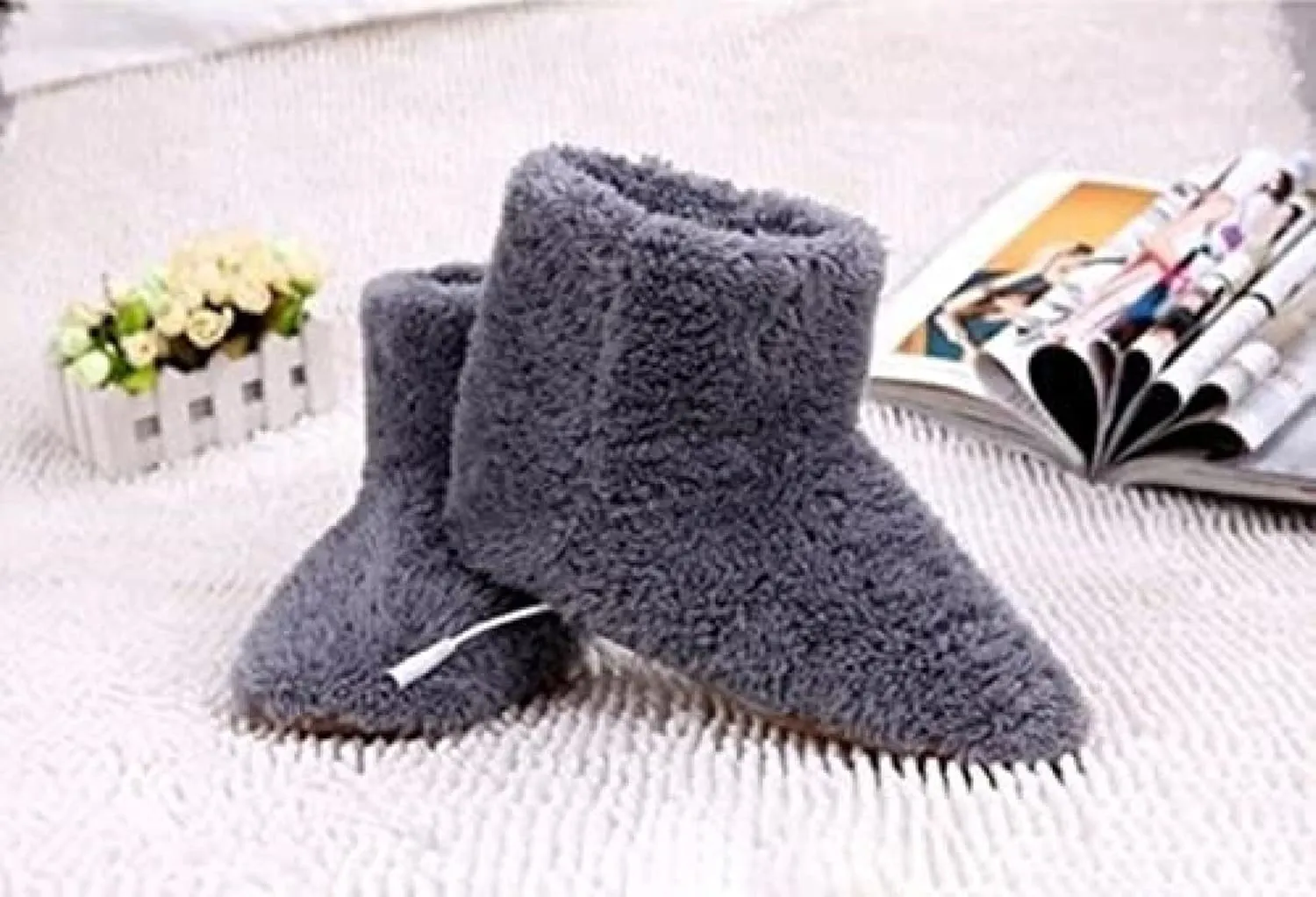 Electric Heated Slippers Rechargeable Washable, Winter USB Plush Ankle Bootie Slippers Indoor Plush Shoe Slippers, Warm House Shoes for Unisex Men Women,Grey,7