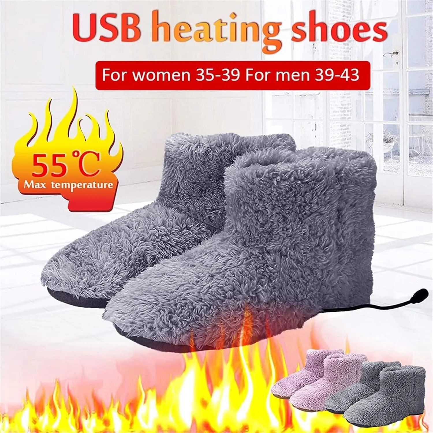 Electric Heated Slippers Rechargeable Washable, Winter USB Plush Ankle Bootie Slippers Indoor Plush Shoe Slippers, Warm House Shoes for Unisex Men Women,Grey,7