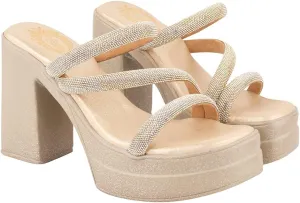 Embellished Block Heels | Cushioned Footbed |Casual, Ethnic, Party, Wedding, Festive | Comfortable, Golden, 5 UK