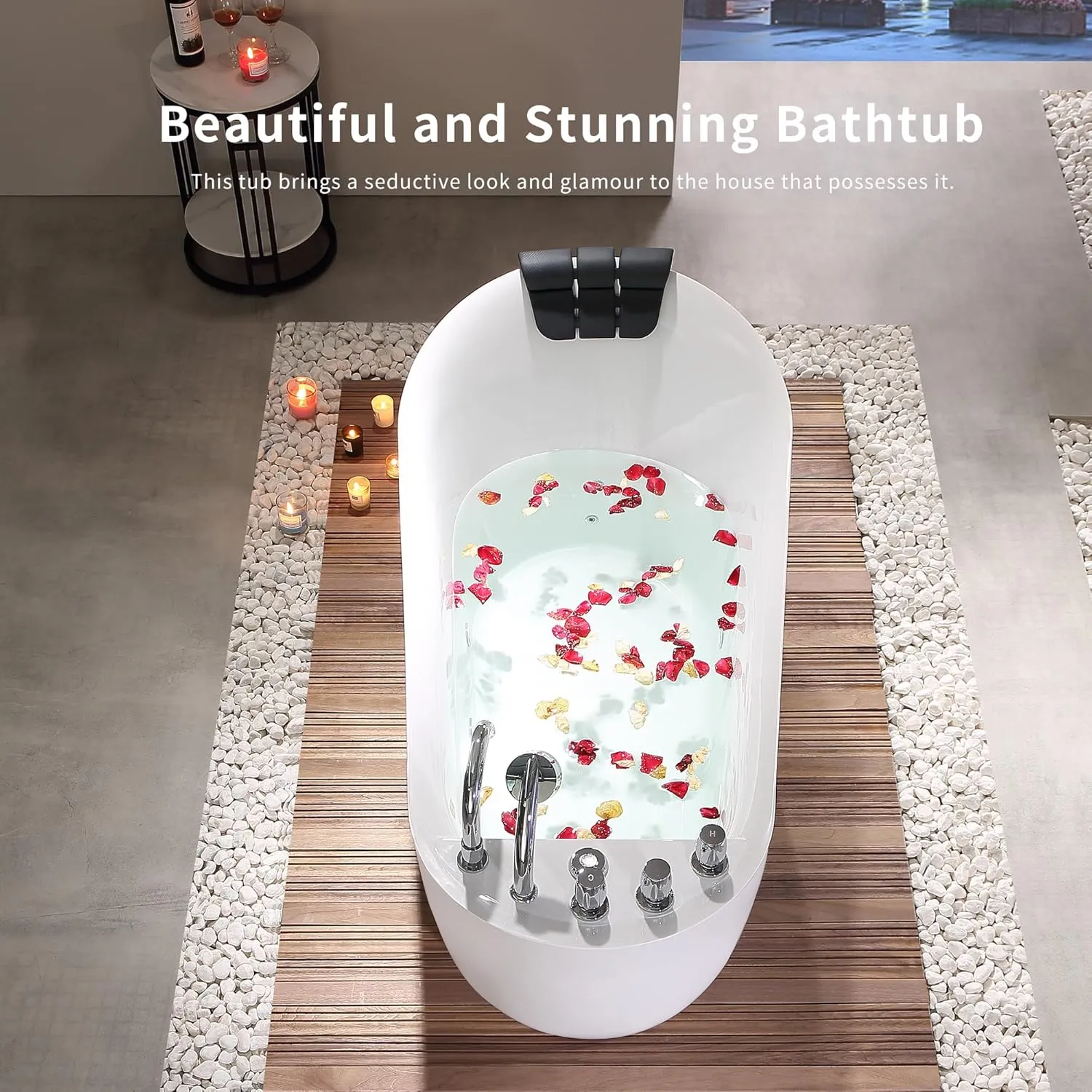 Empava 59" x 29" Freestanding Whirlpool Tub, Acrylic 560W Jetted Bathtub with 7 Hydromassage Nozzles,Lumbar and Neck Support,ETL Certified