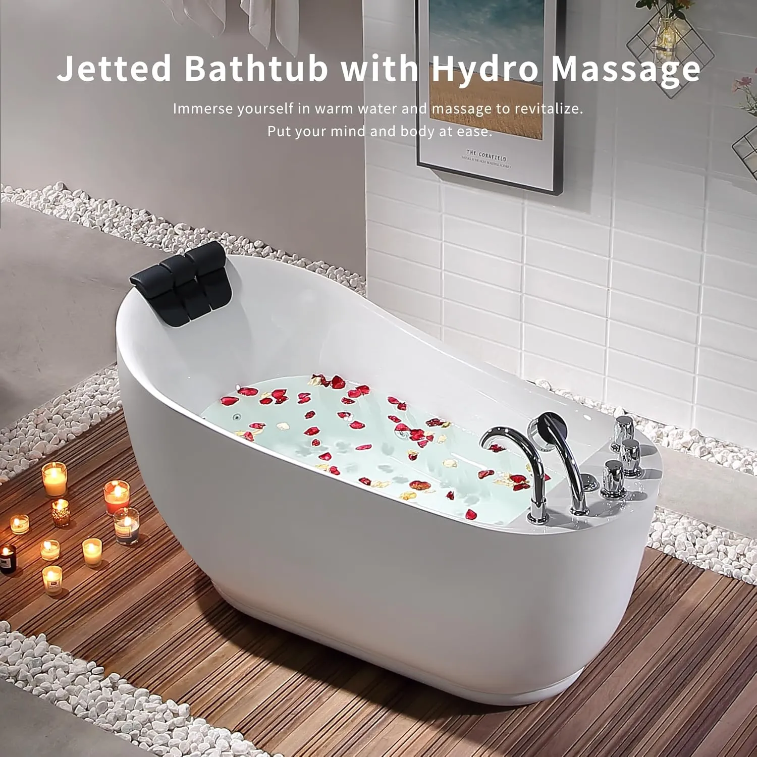 Empava 59" x 29" Freestanding Whirlpool Tub, Acrylic 560W Jetted Bathtub with 7 Hydromassage Nozzles,Lumbar and Neck Support,ETL Certified
