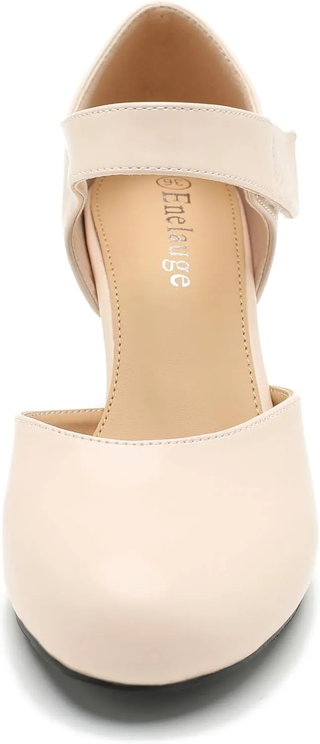 Enelauge Women's Ankle Strap Block Chunky Heels Closed Round Toe Pumps D'Orsay Comfortable Vintage Dressy Bridal Wedding Party Shoes
