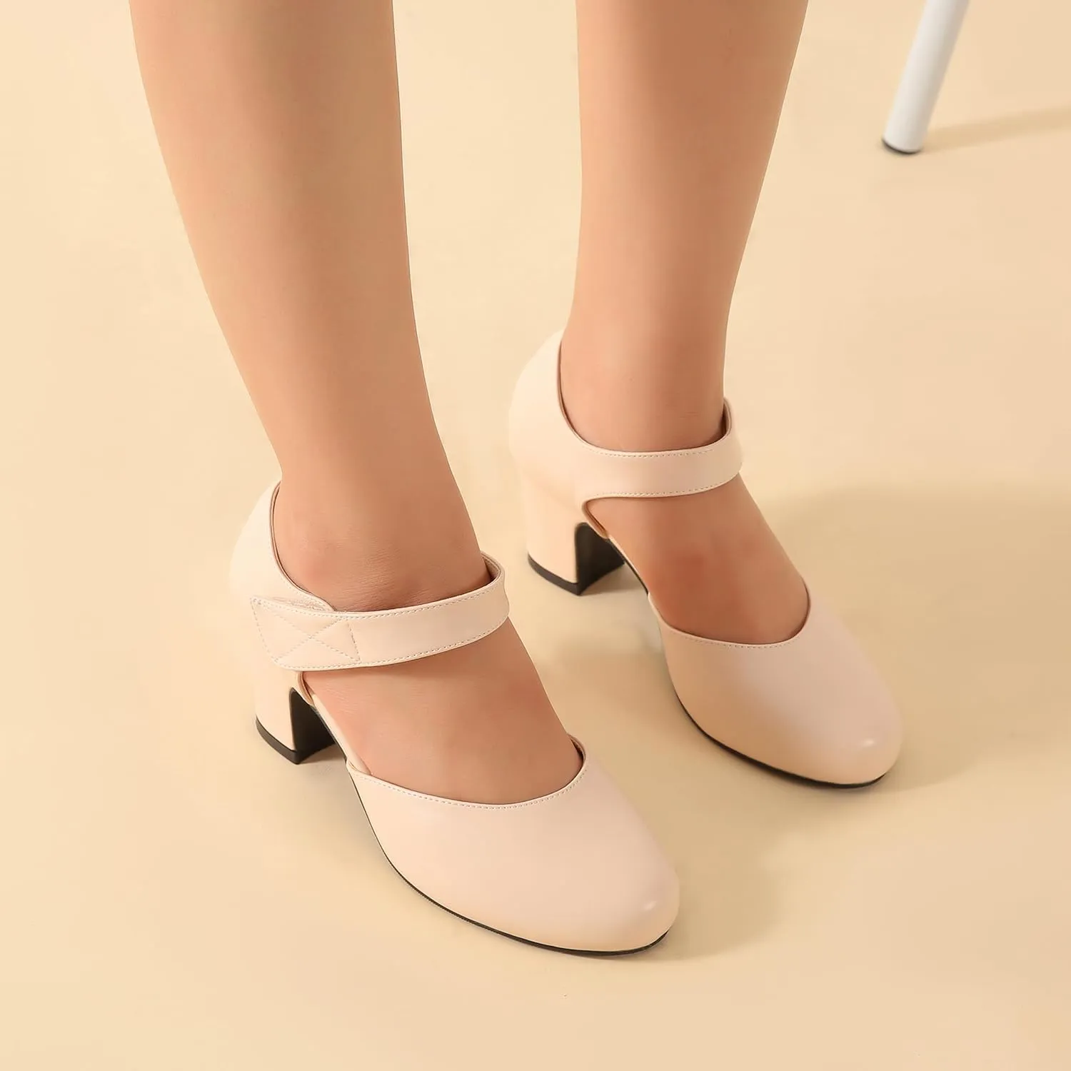Enelauge Women's Ankle Strap Block Chunky Heels Closed Round Toe Pumps D'Orsay Comfortable Vintage Dressy Bridal Wedding Party Shoes