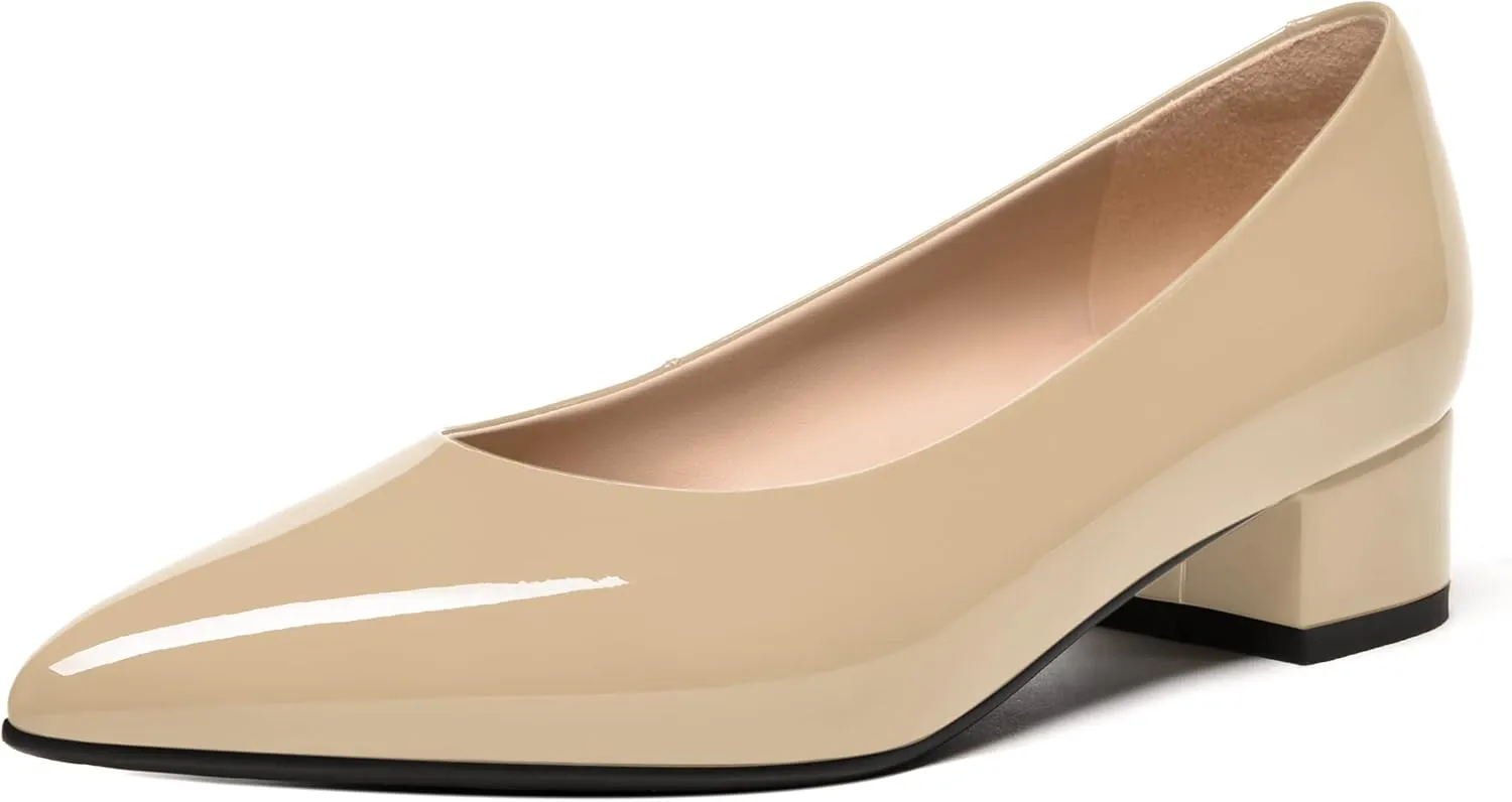 FEMSTEP Women's Low Heels Pointed Toe Casual Patent Leather Slip On Chunky Pumps Shoes 1.5 Inch