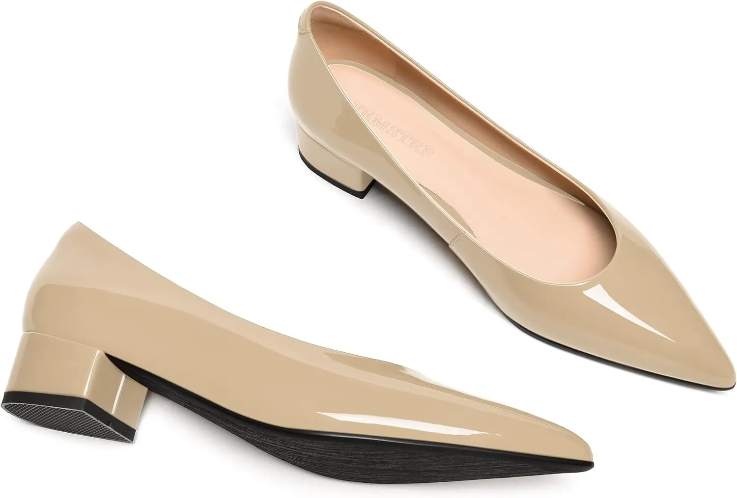 FEMSTEP Women's Low Heels Pointed Toe Casual Patent Leather Slip On Chunky Pumps Shoes 1.5 Inch