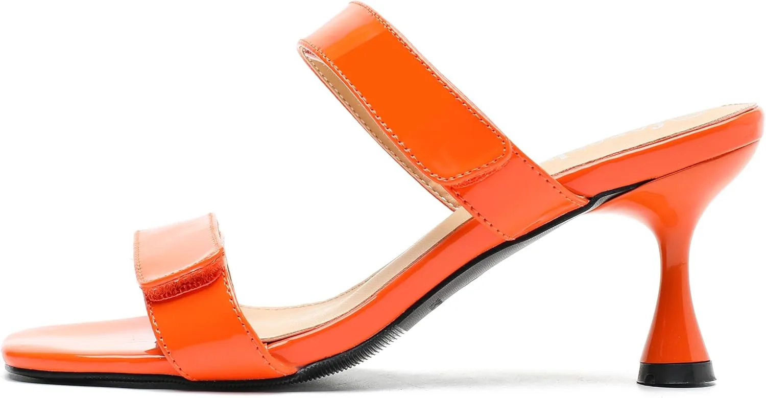 fereshte Womens 2 Strap Slip On Heeled Sandals Slip On Sandals Square Toe Kitten Heeled Mules