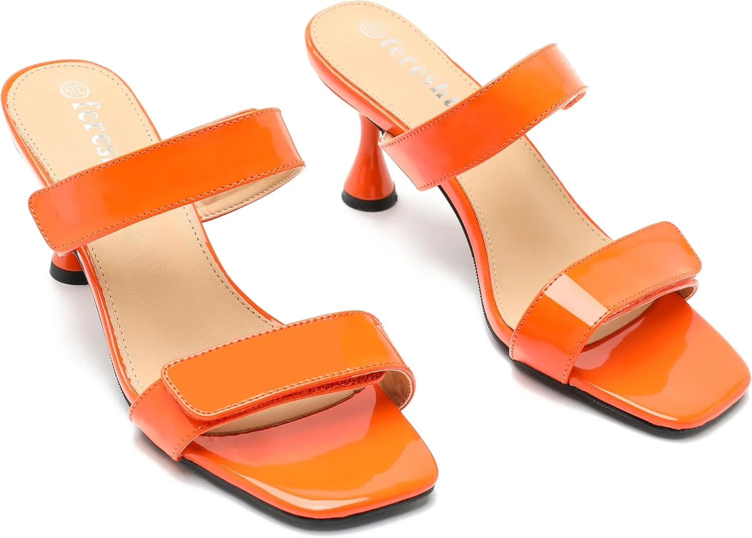 fereshte Womens 2 Strap Slip On Heeled Sandals Slip On Sandals Square Toe Kitten Heeled Mules
