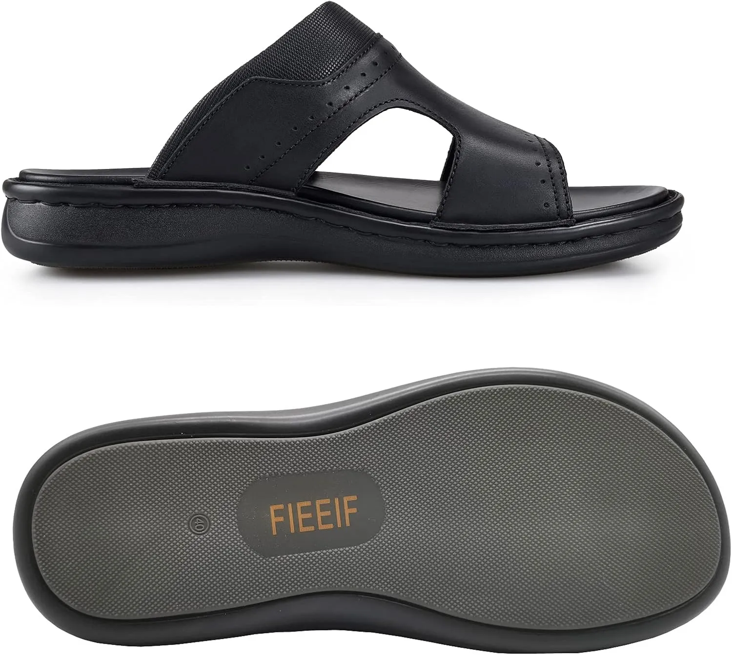 FIEEIF Men's Leather Slides Open Toe Outdoor Slippers Comfort Arch Support Retro Casual Flip Flops Summer Fisherman Slip On Sandals for Men