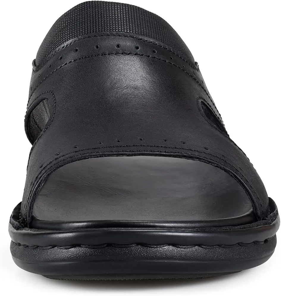 FIEEIF Men's Leather Slides Open Toe Outdoor Slippers Comfort Arch Support Retro Casual Flip Flops Summer Fisherman Slip On Sandals for Men