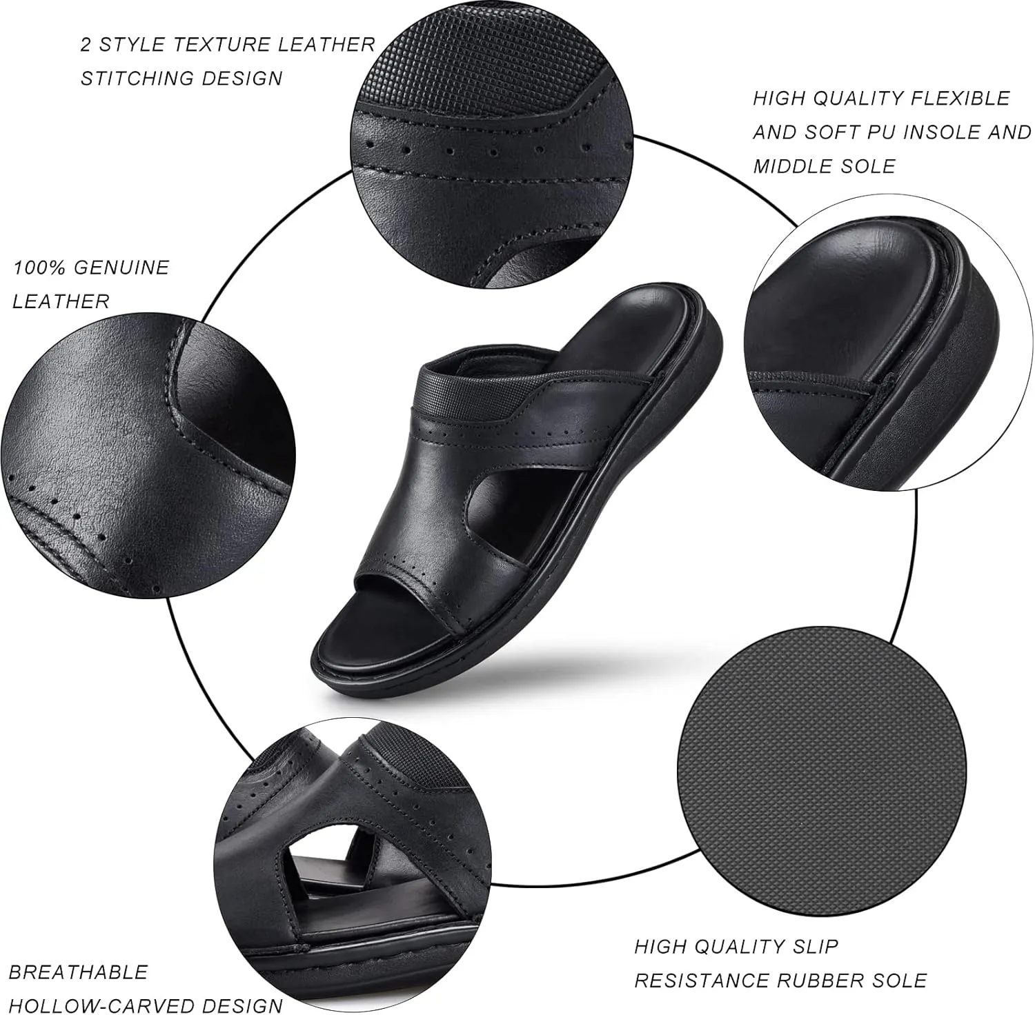 FIEEIF Men's Leather Slides Open Toe Outdoor Slippers Comfort Arch Support Retro Casual Flip Flops Summer Fisherman Slip On Sandals for Men